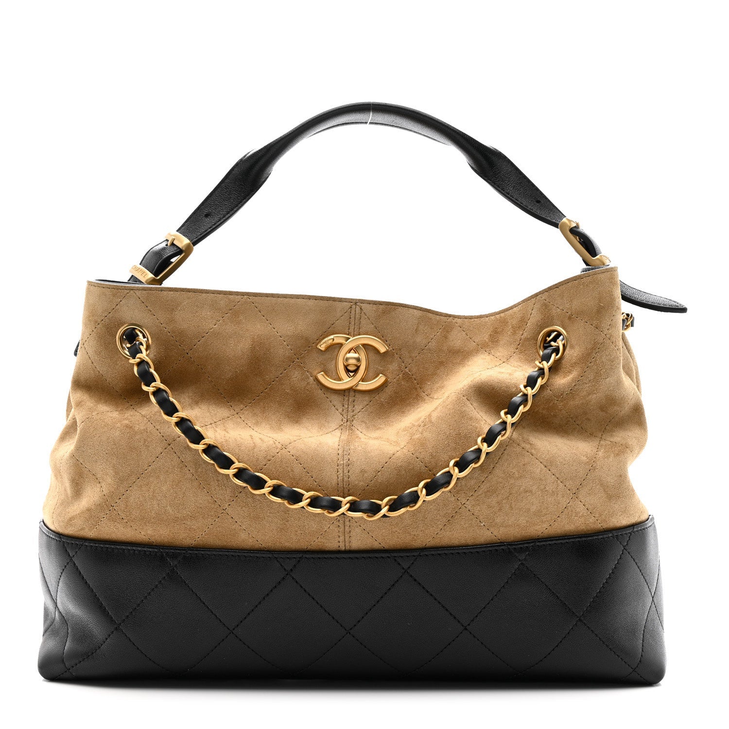 Suede Calfskin Shiny Lambskin Quilted Small Shopping Bag Beige Black