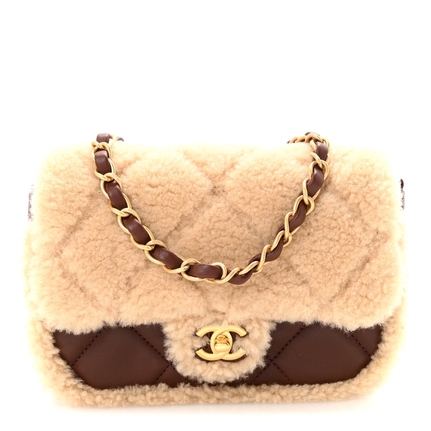 Shearling Lambskin Quilted Mini Furry Coco Flap Beige Dark Brown