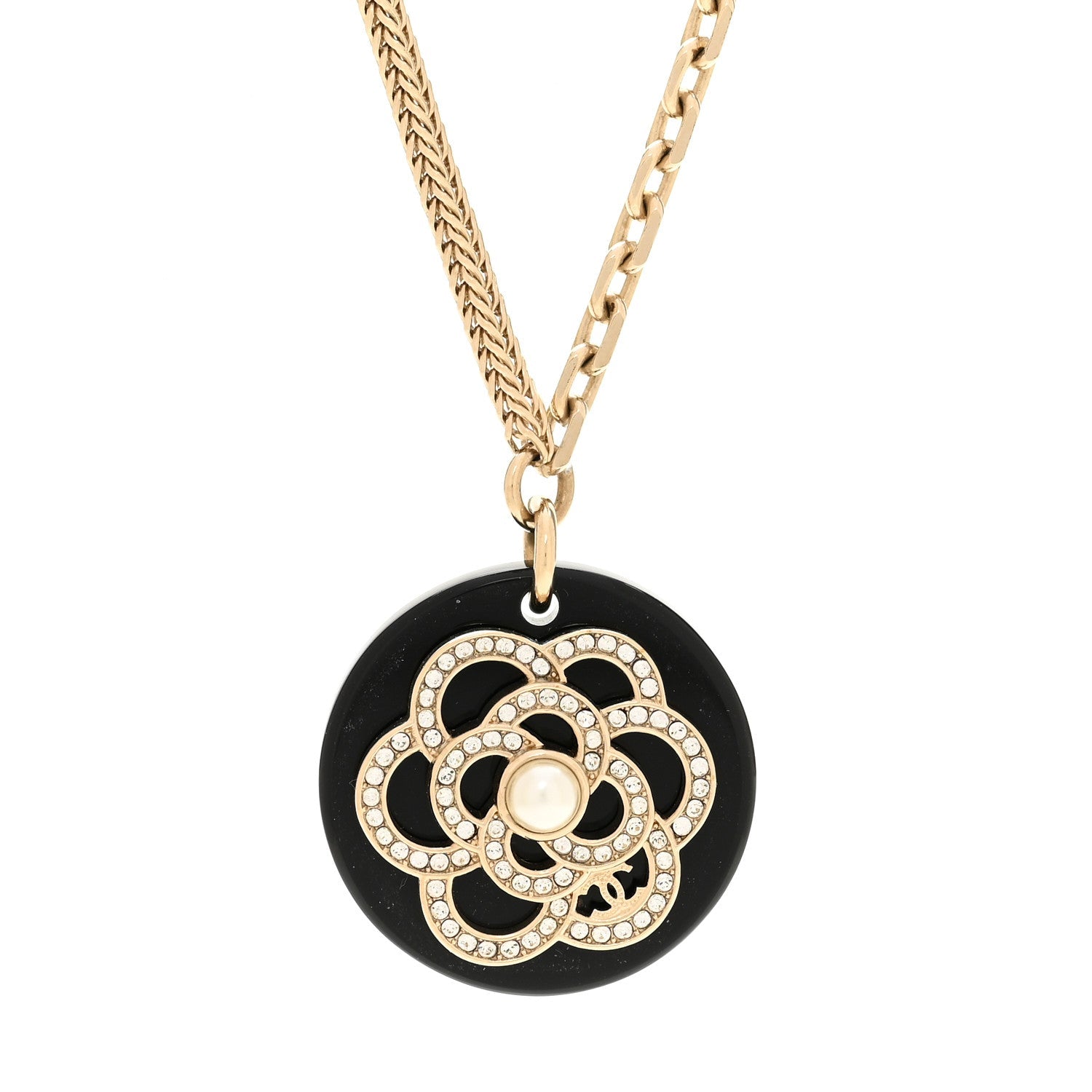 Resin Pearl Crystal Camellia CC Necklace Black Gold
