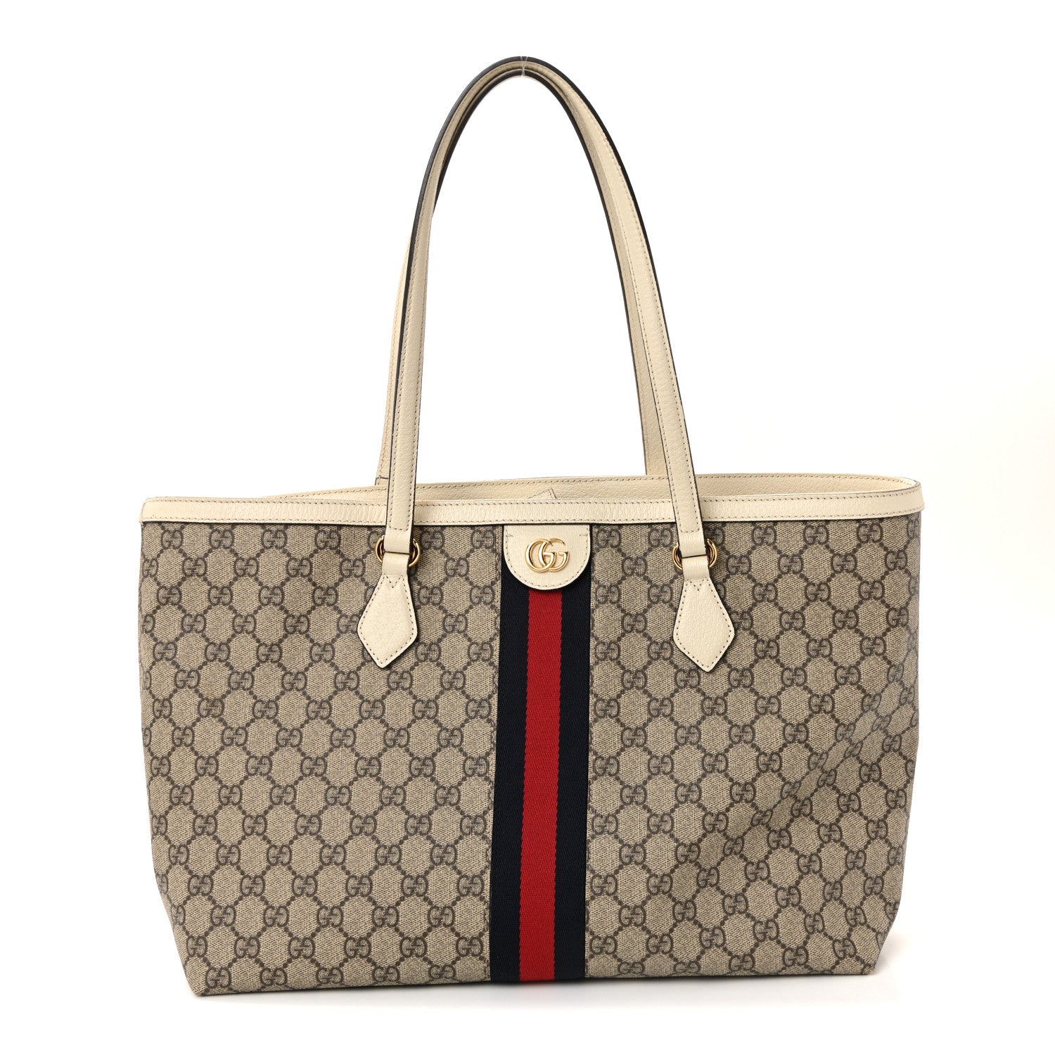 GG Supreme Monogram Textured Dollar Calfskin Web Medium Ophidia Shopping Tote Beige Ebony Mystic White