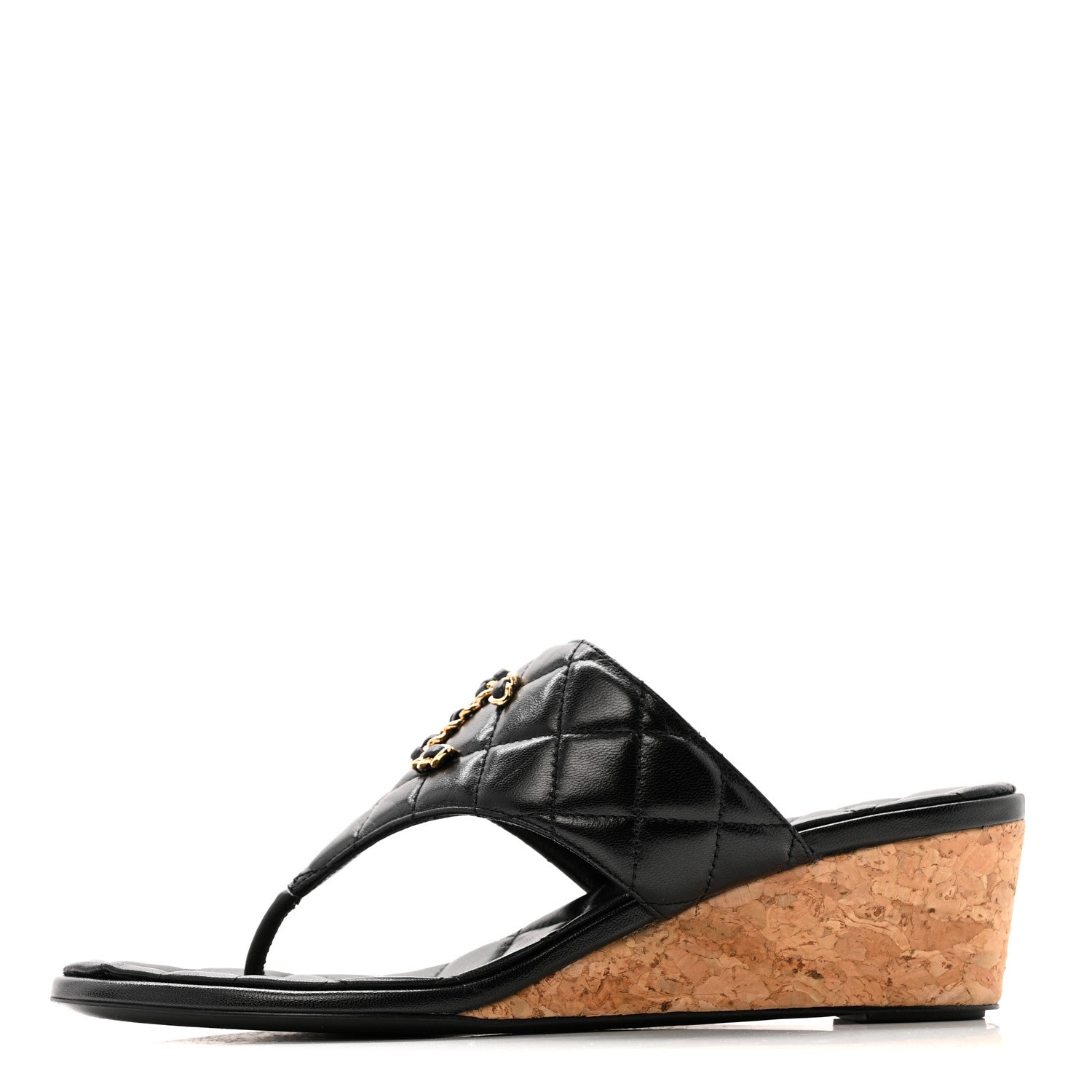 Shiny Goatskin Cork CC Wedge Sandals 37.5 Black
