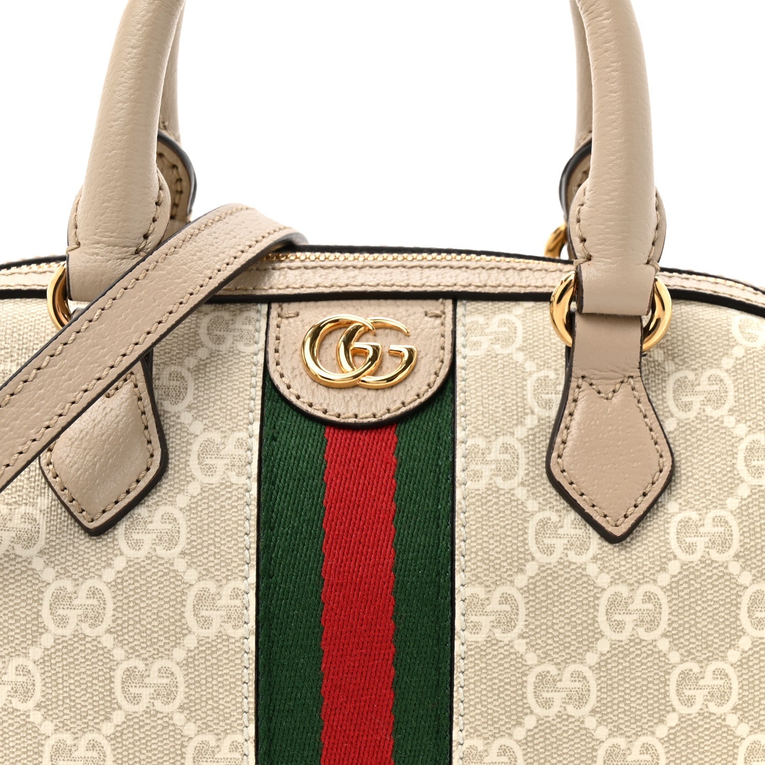 GG Supreme Monogram Textured Dollar Calfskin Web Ophidia Mini Top Handle Bag Beige Mystic White Oatmeal