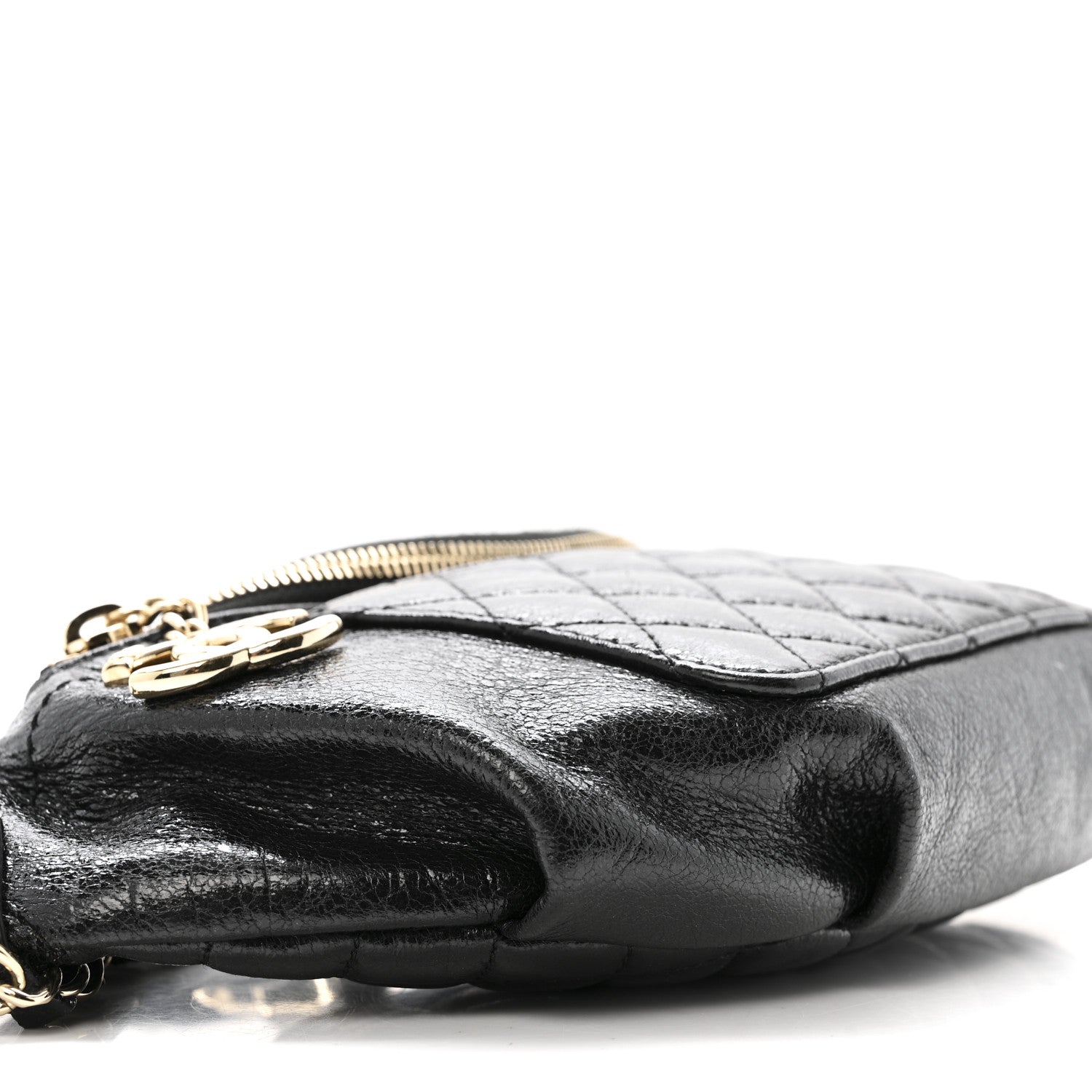 Crumpled Glazed Lambskin Quilted Waist Bag Fanny Pack Black