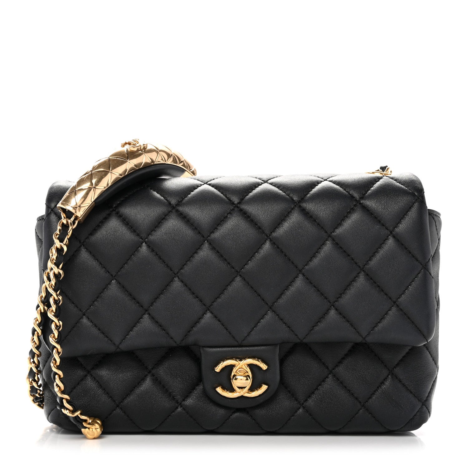 Lambskin Quilted Mini Quilted Handle Crush Flap Black