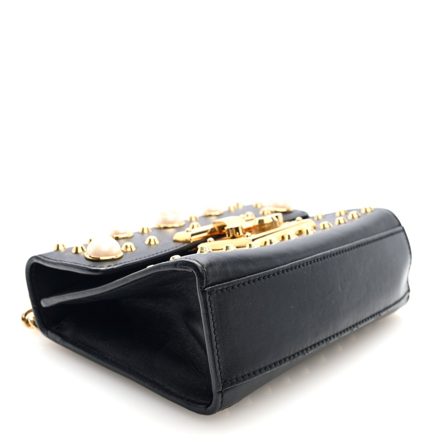 Calfskin Studded Small Padlock Shoulder Bag Black