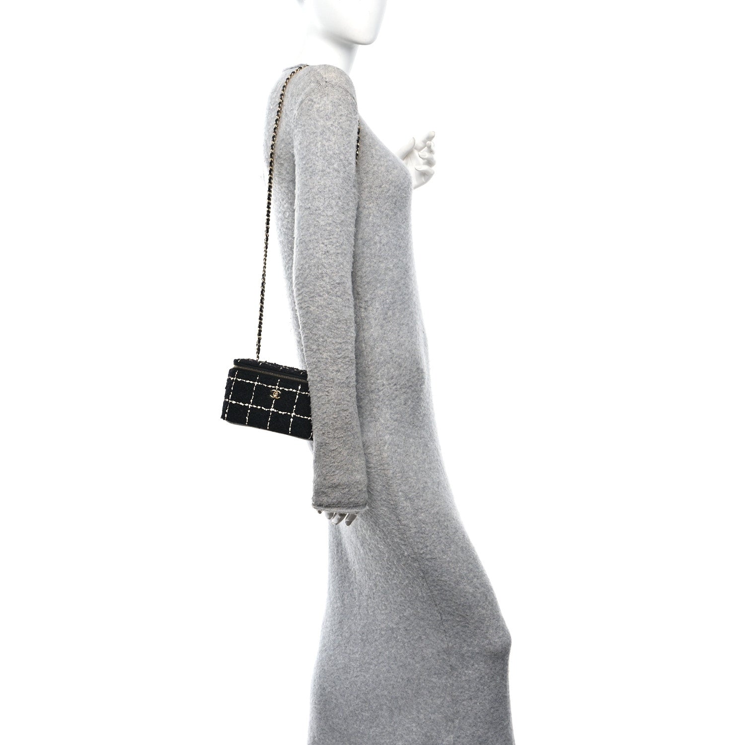 Tweed Pearl Crush Small Vanity Case With Chain Black White
