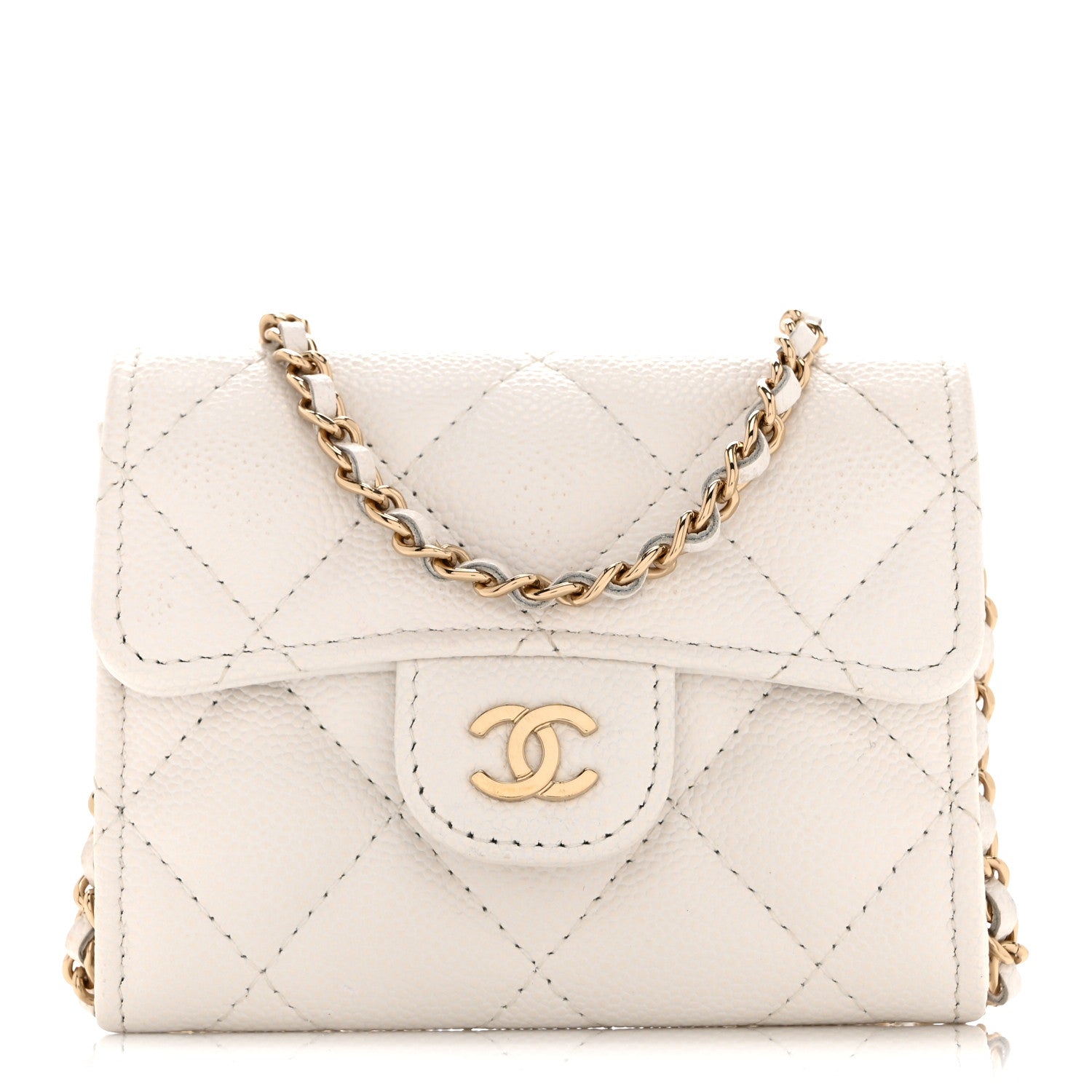 Caviar Quilted Flap Card Holder On Chain White
