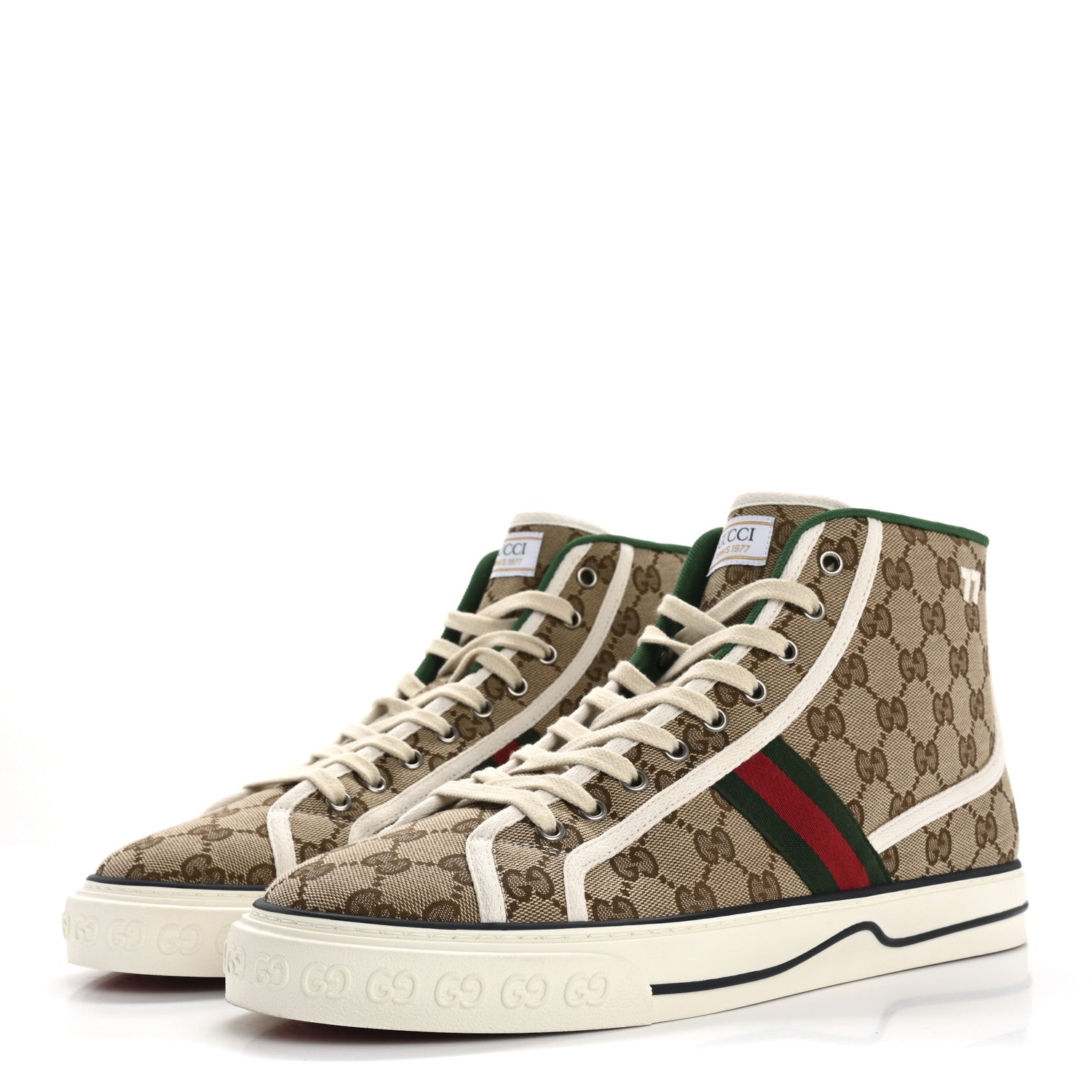 GG Monogram Web Mens 1977 Tennis High Top Sneakers 11 Beige Ebony Mystic White