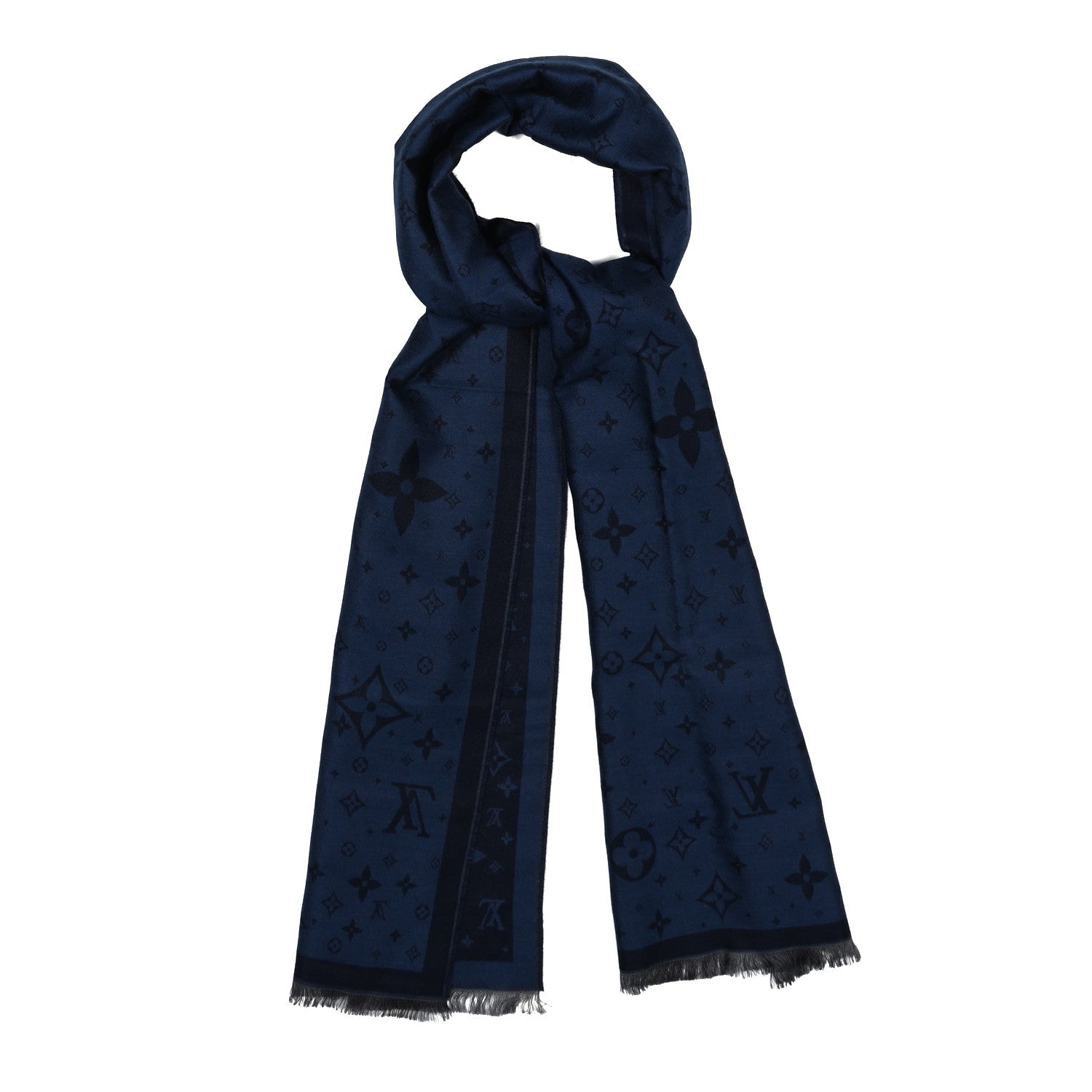 Silk Wool Monogram Scarf Blue