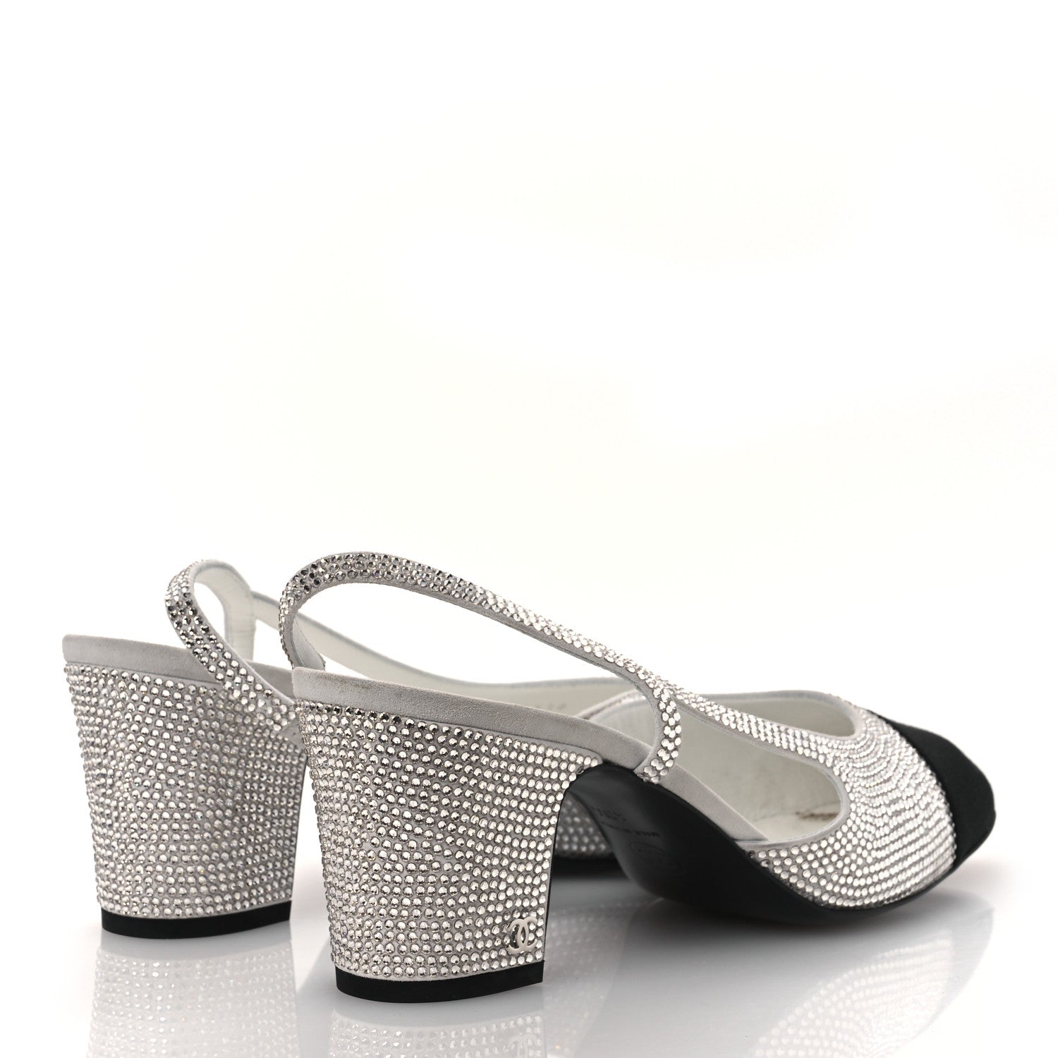Strass Grosgrain Cap Toe CC Slingback Pumps 40.5 Silver Black