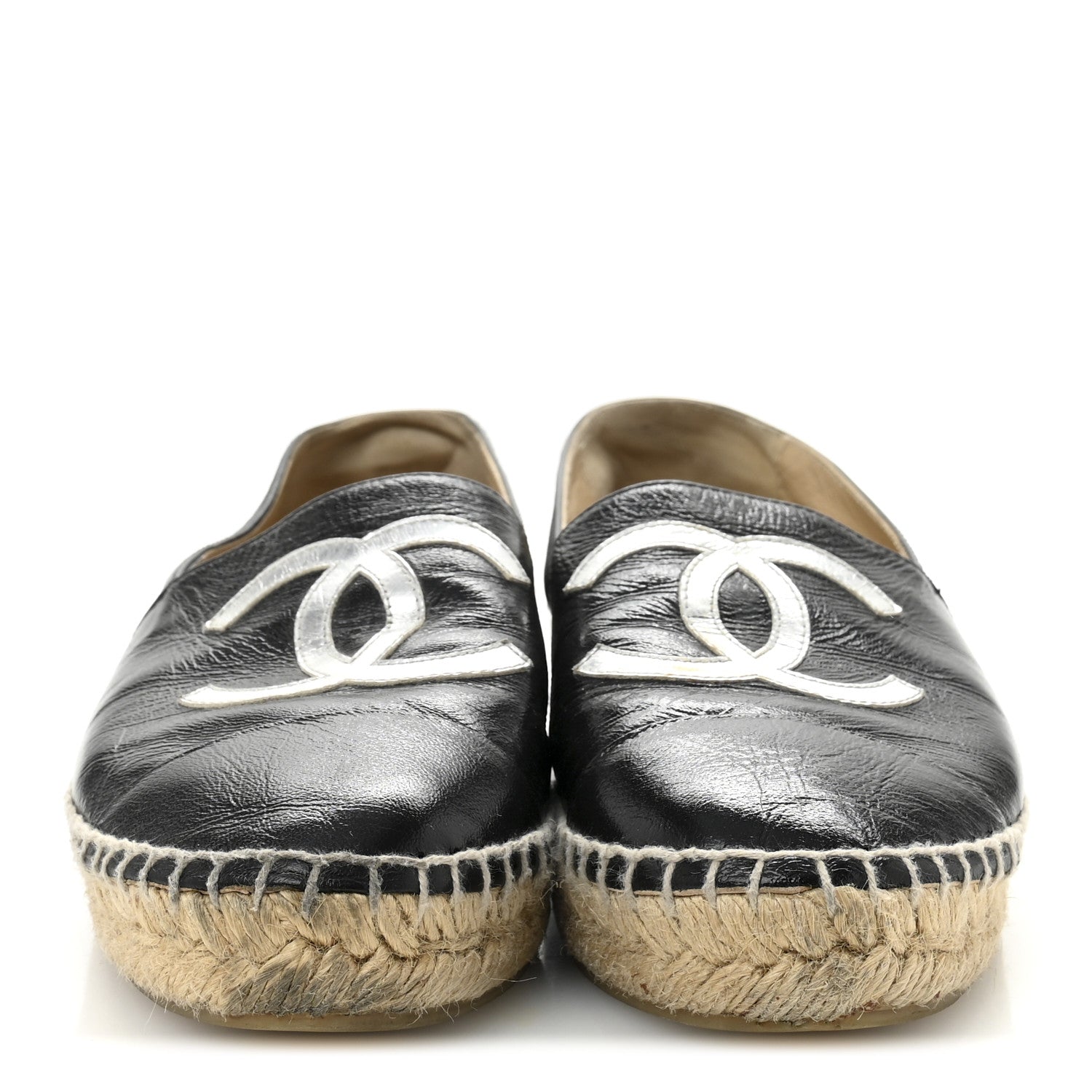 Patent Calfskin Metallic Goatskin CC Espadrilles 36 Black Silver