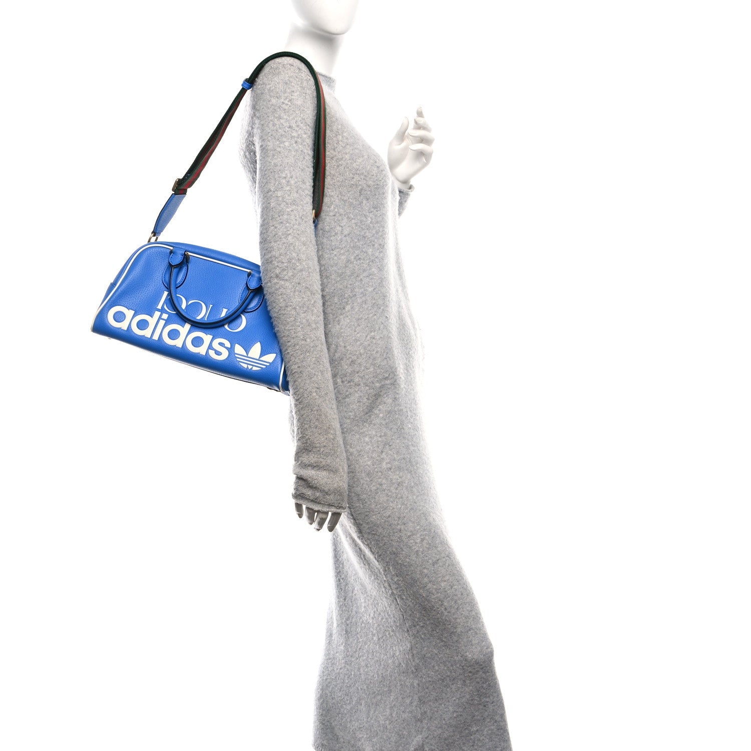 X ADIDAS Textured Dollar Calfskin Web Trefoil Logo Embossed Mini Bowling Bag Blue
