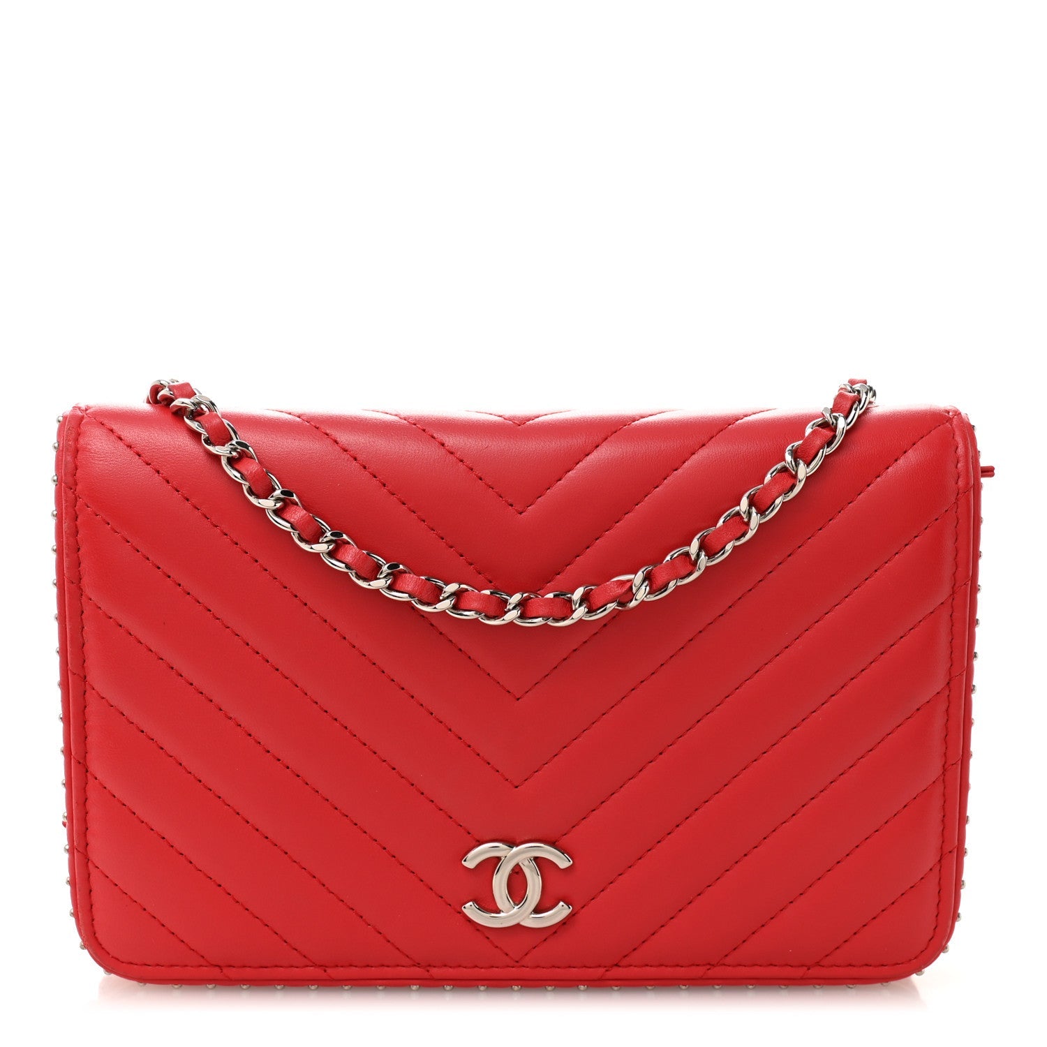 Lambskin Chevron Quilted Studded Wallet On Chain WOC Light Red