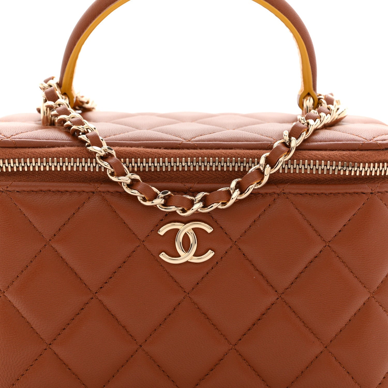 Lambskin Quilted Small Top Handle Vanity Case With Chain Light Brown Yellow