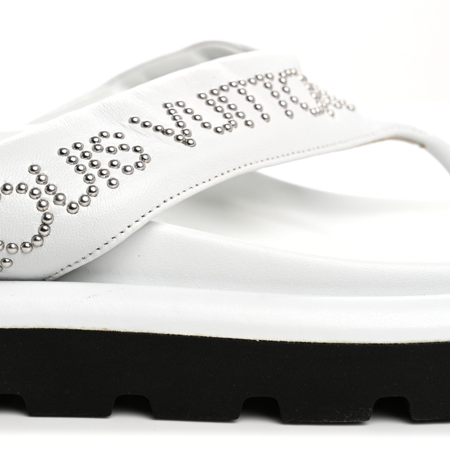 Calfskin Logo Studded Pillow Flat Thong Sandals 35 White