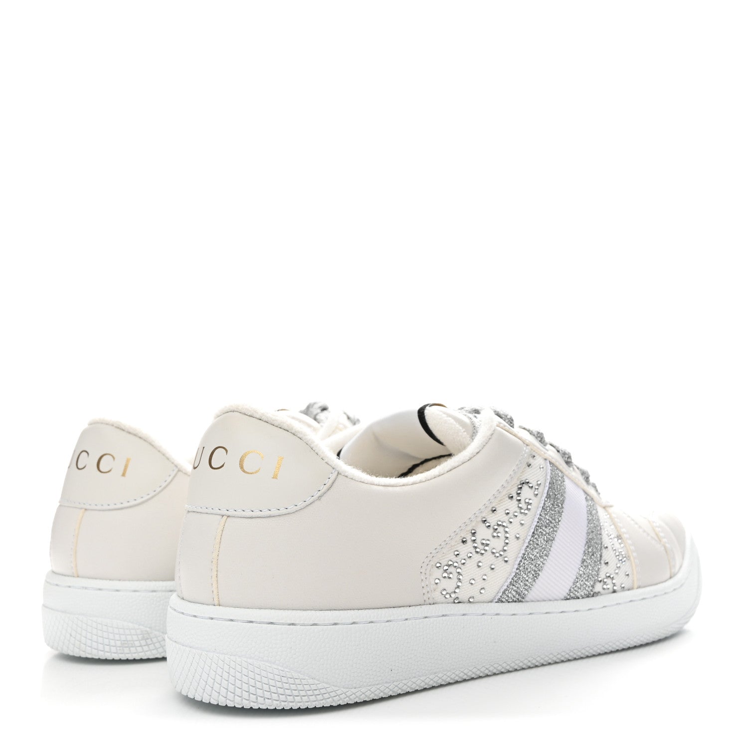 Calfskin GG Supreme Crystals Web Screener Sneakers 38 White Silver