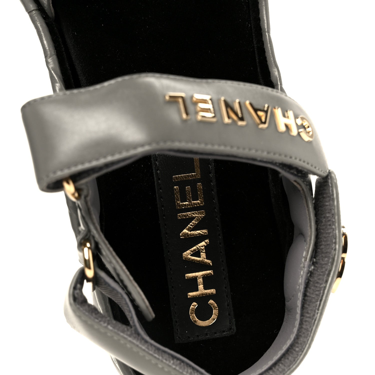 Shiny Calfskin Logo Platform Sandals 36 Grey