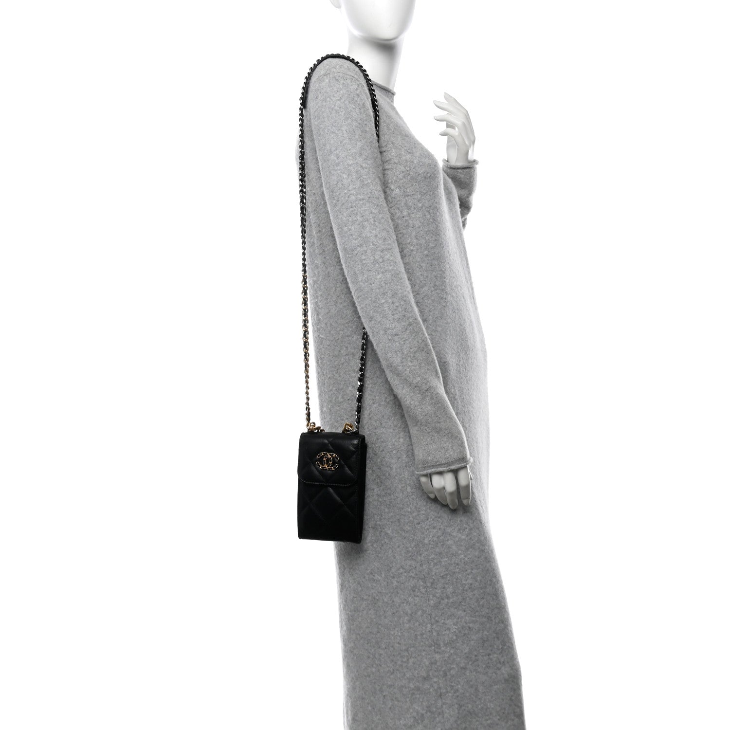 Lambskin Quilted Chanel 19 Phone Holder With Chain Black