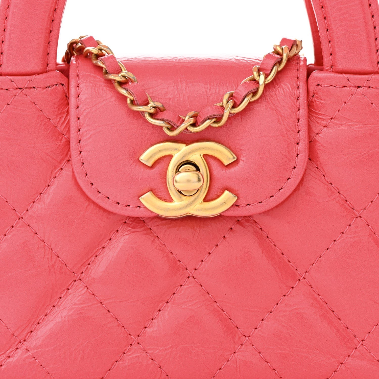 Shiny Aged Calfskin Quilted Mini Nano Kelly Shopper Dark Pink