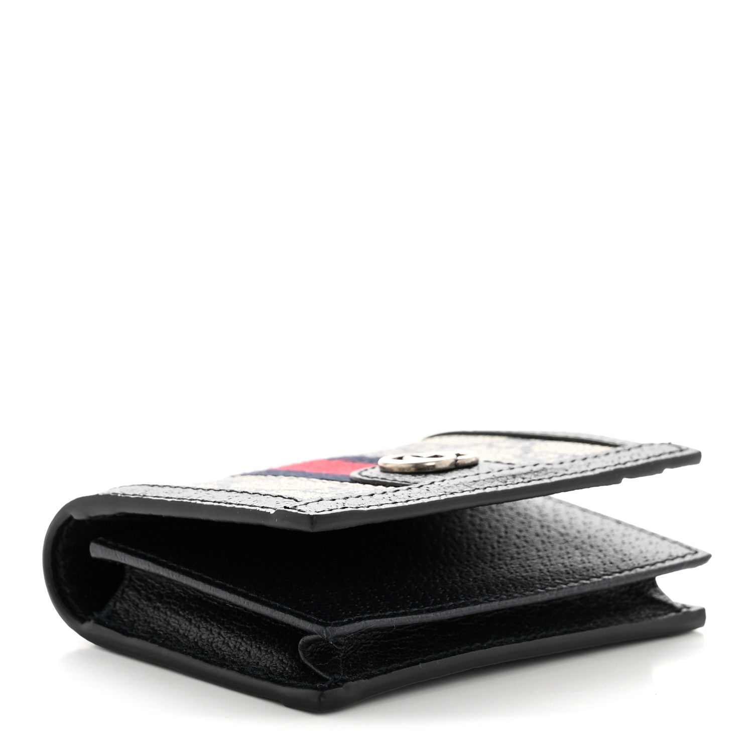 GG Supreme Monogram Textured Dollar Calfskin Web Ophidia Card Case Beige Blue