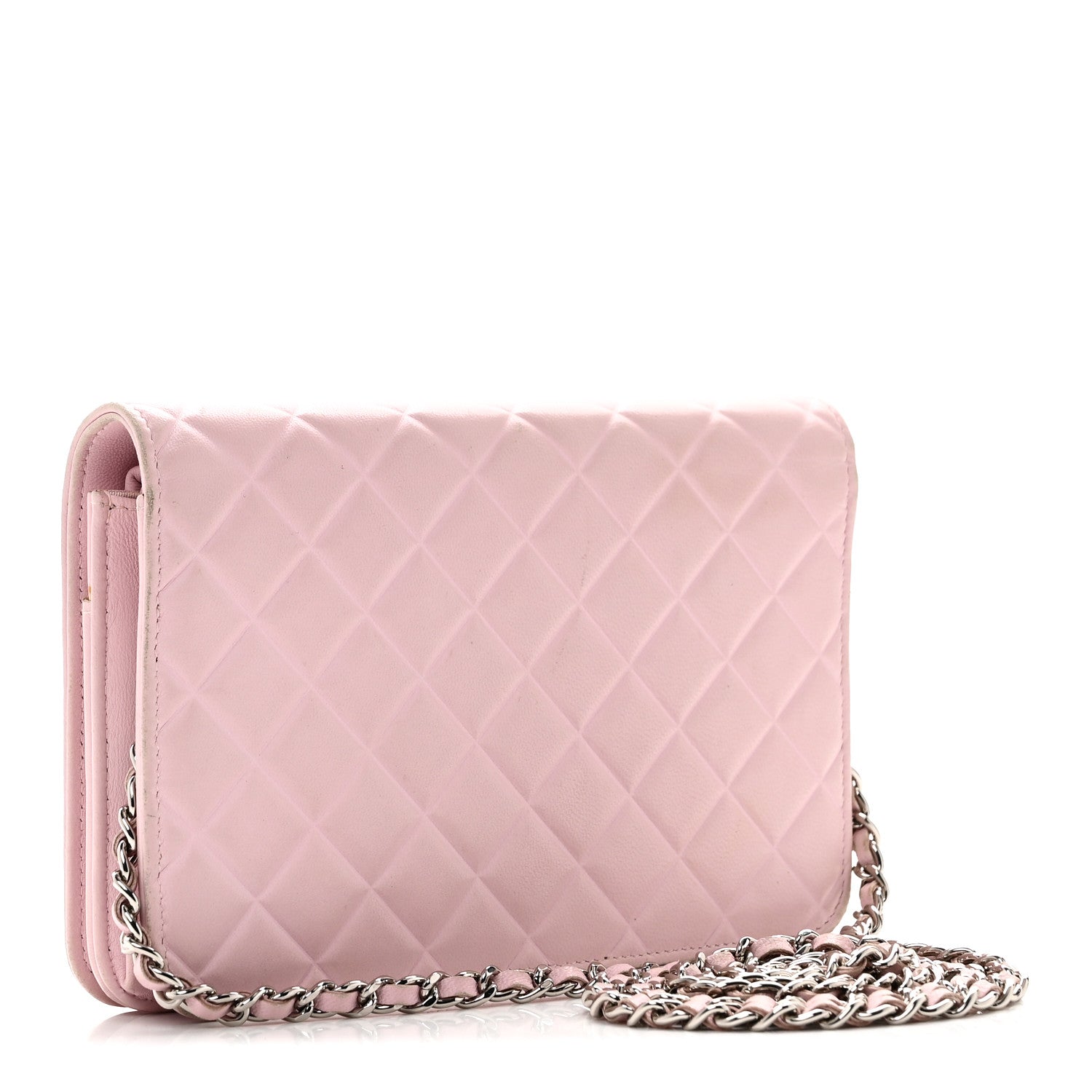 Lambskin Quilted Diamond CC Wallet On Chain WOC Pink