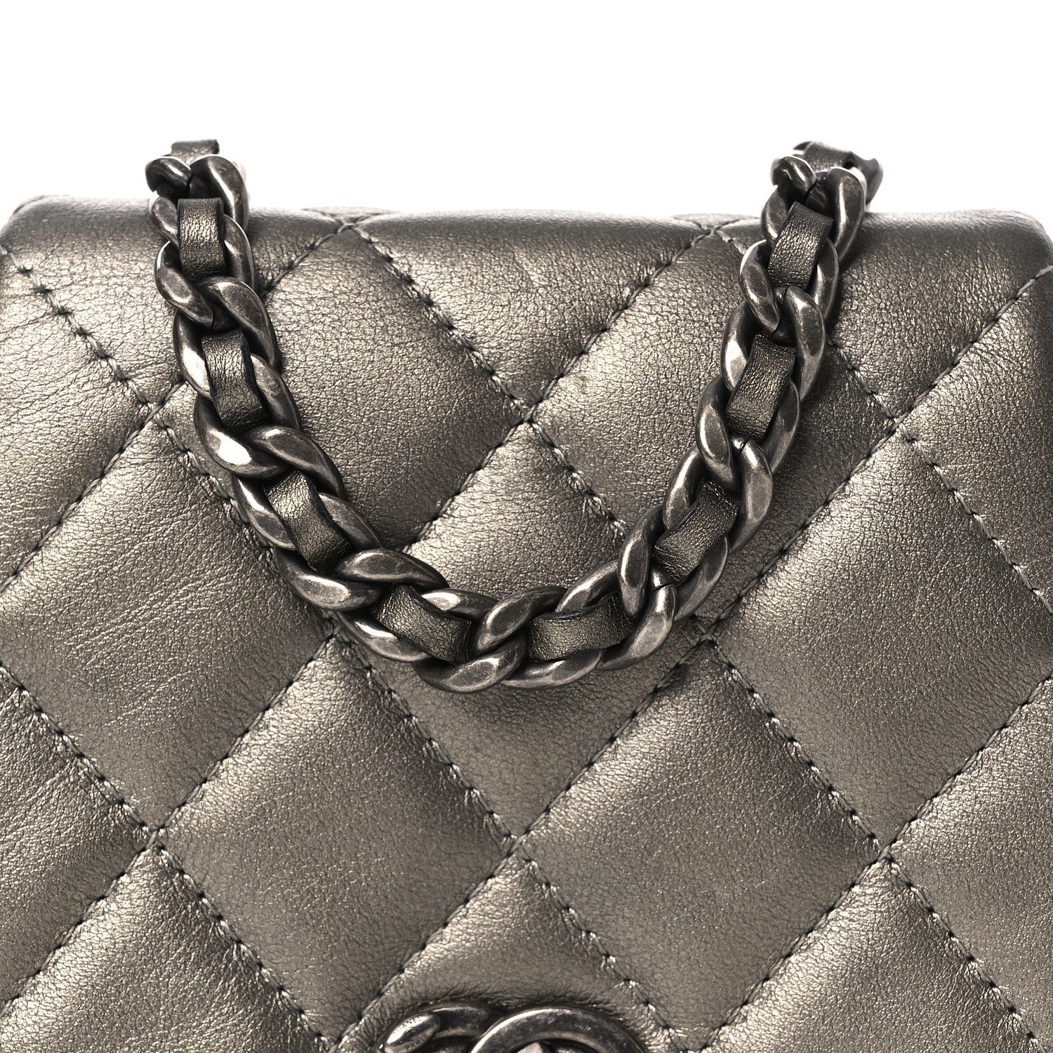 Metallic Calfskin Quilted Mini Coco Mail Clutch Ruthenium