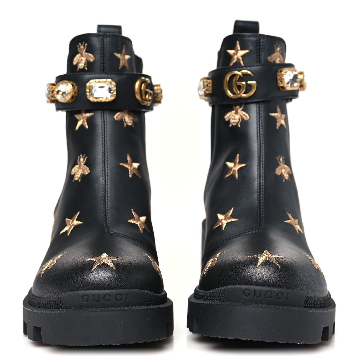 Calfskin Bee Star Embroidered Belt Ankle Boots 36.5 Black