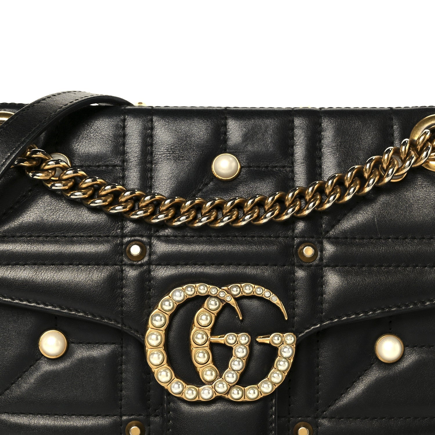 Calfskin Matelasse Studded Small Pearly GG Marmont Shoulder Bag Black