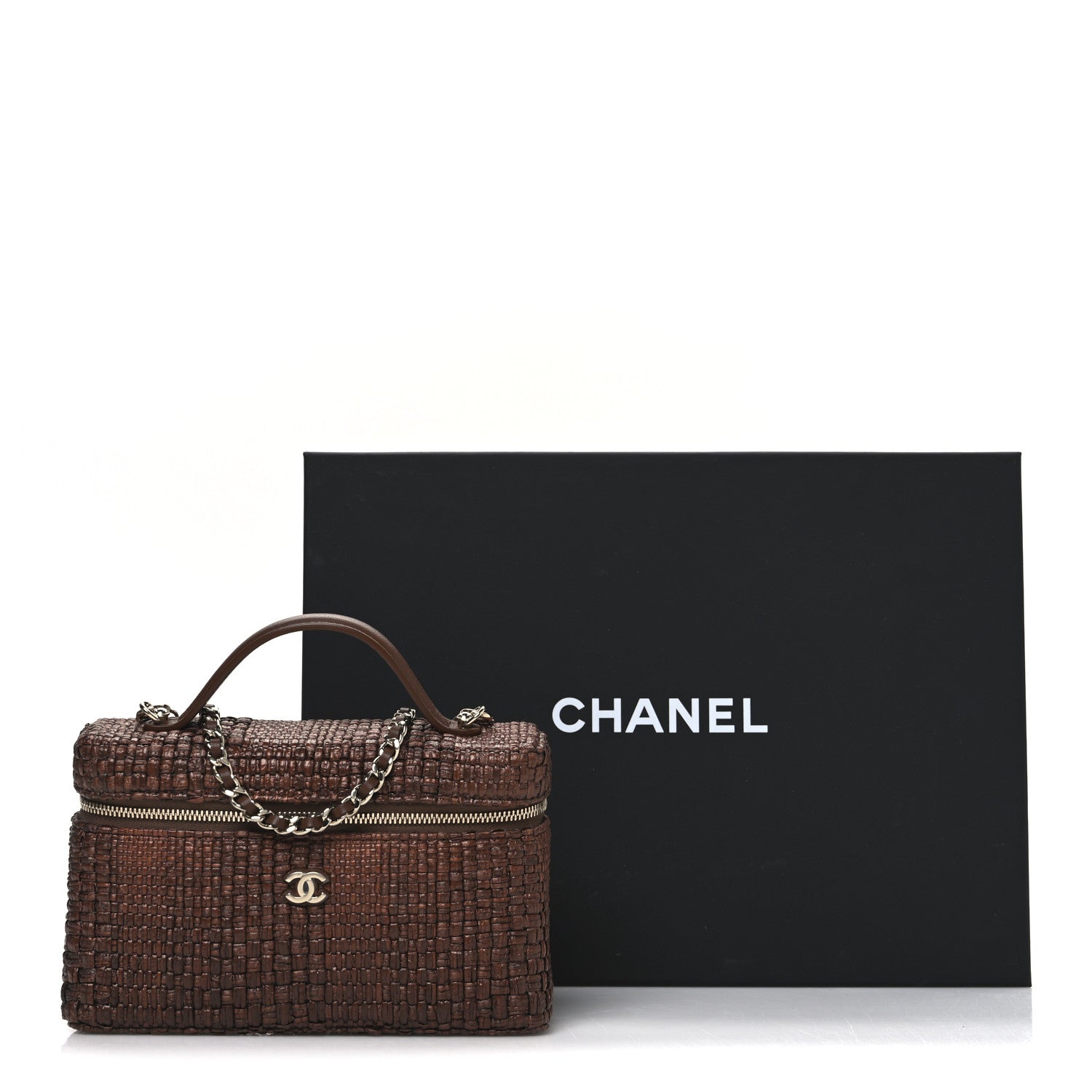 Braided Raffia Quilted Top Handle Slim Vanity With Chain Brown