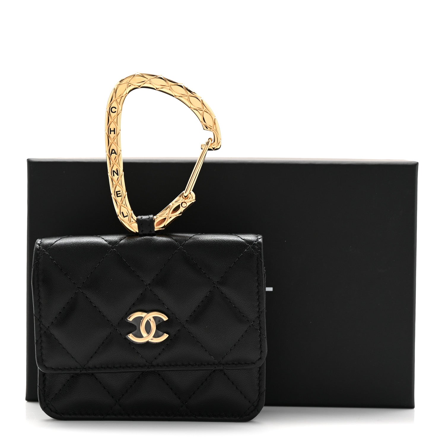 Lambskin Quilted CC Hook Card Holder Black