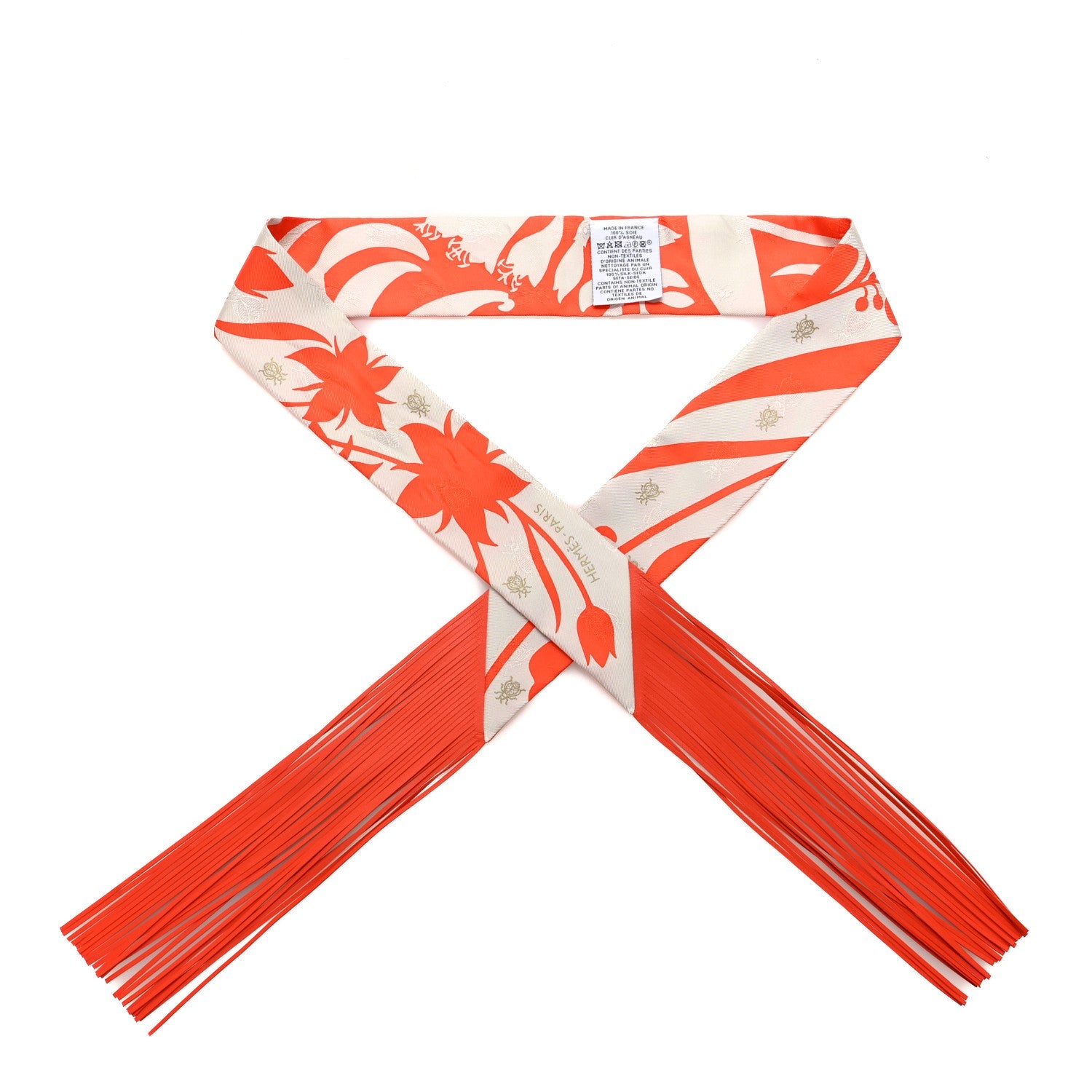 Silk Calfskin Bouquet Final Fringed Twilly Orange Gris Perle Vermillion