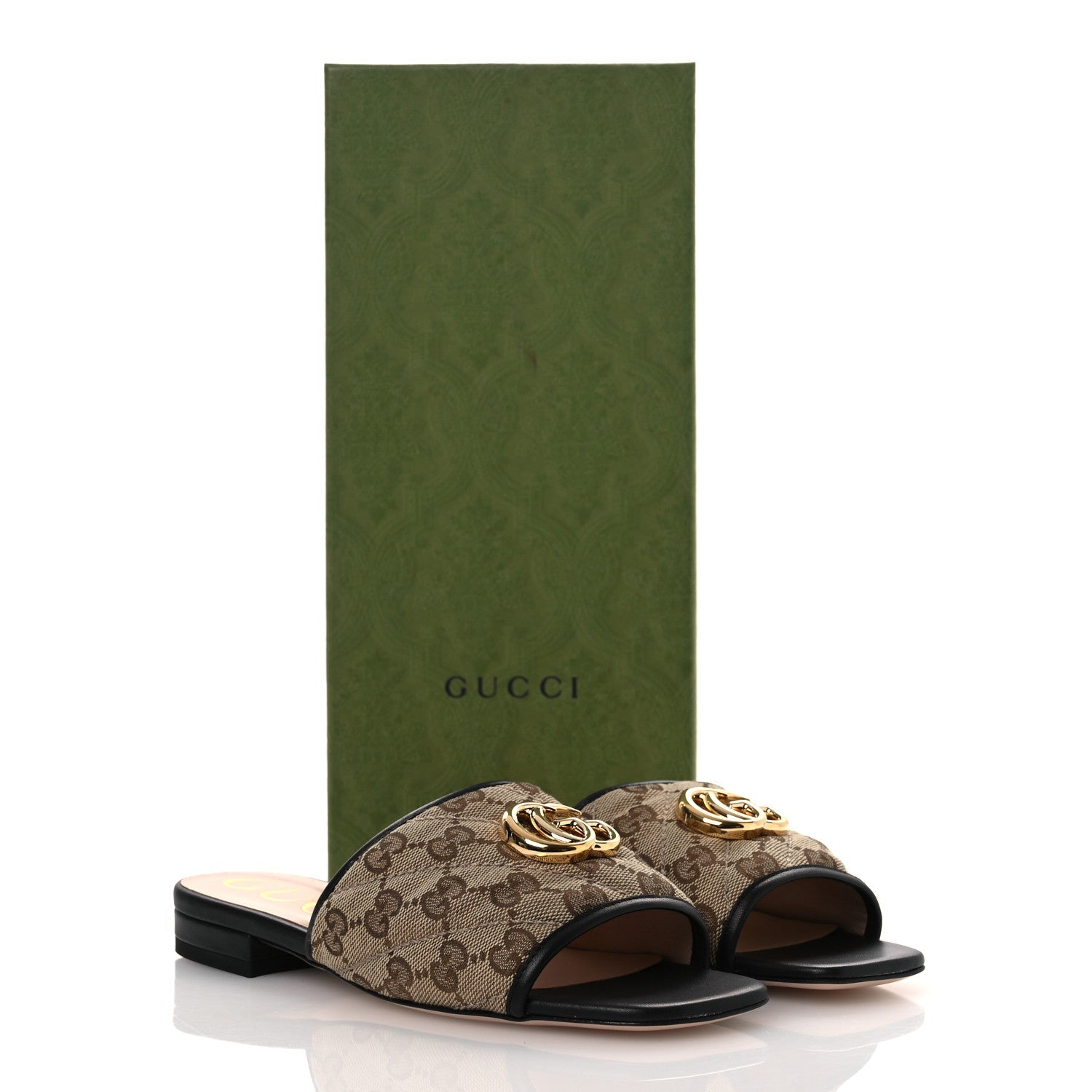 Monogram Matelasse Diagonal GG Marmont Flat Slide Sandals 35 Beige Ebony Black