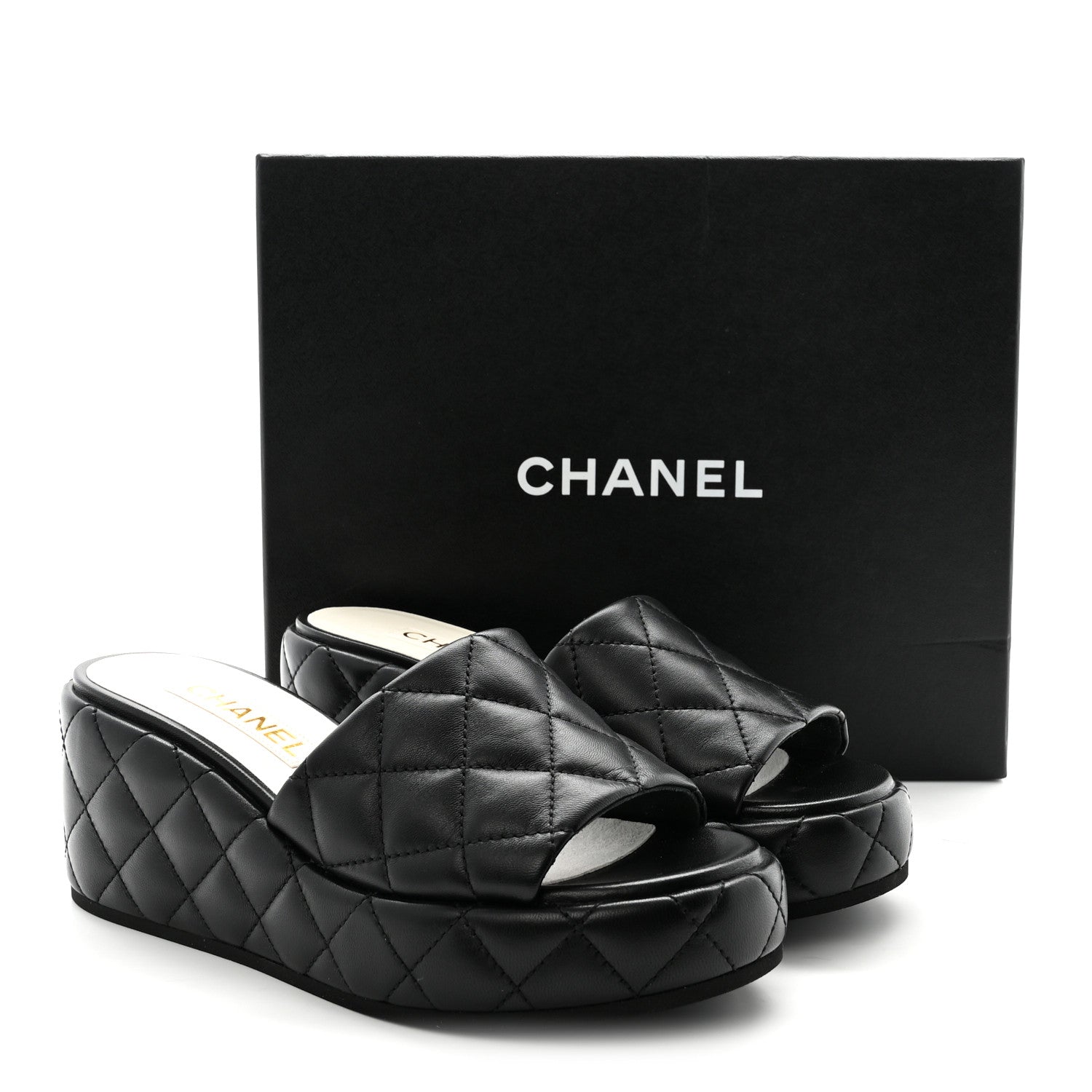 Lambskin Quilted Camelia CC Wedge Sandal Mules 38.5 Black