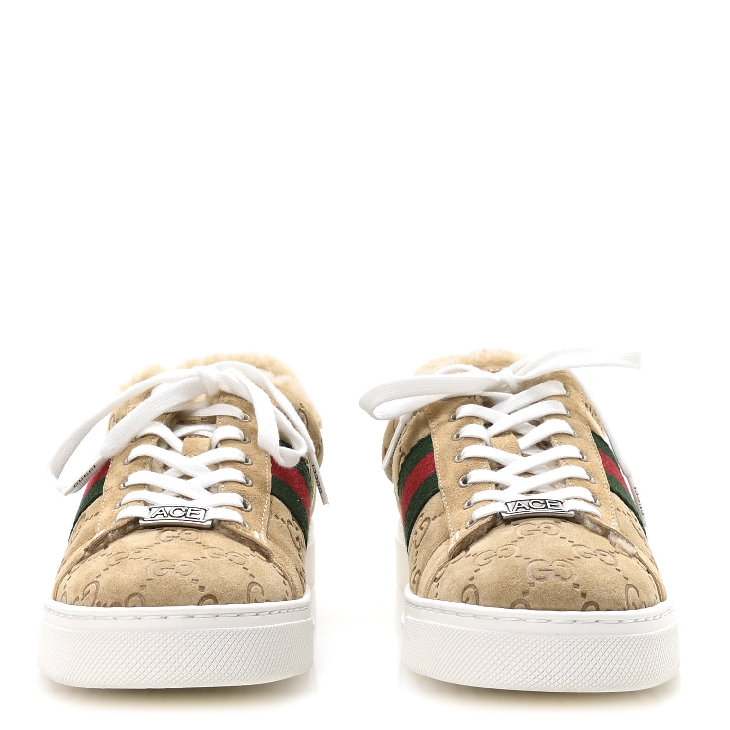 Suede Shearling Prestige GG Monogram Web Womens Ace Sneakers 37.5 Beige White Multicolor Mystic White