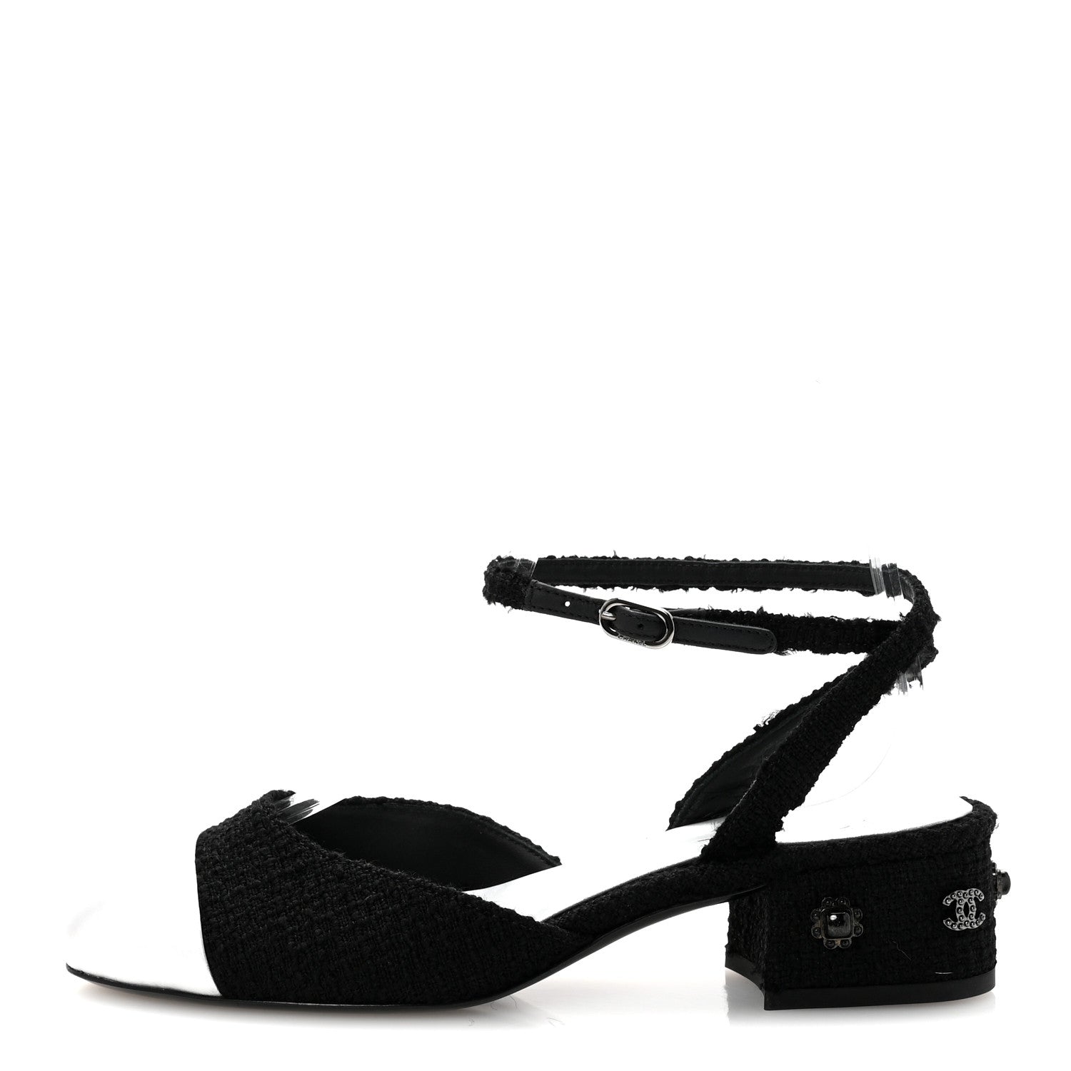 Tweed Iridescent Calfskin Cap Toe CC Slingback Pumps 37 Black Silver