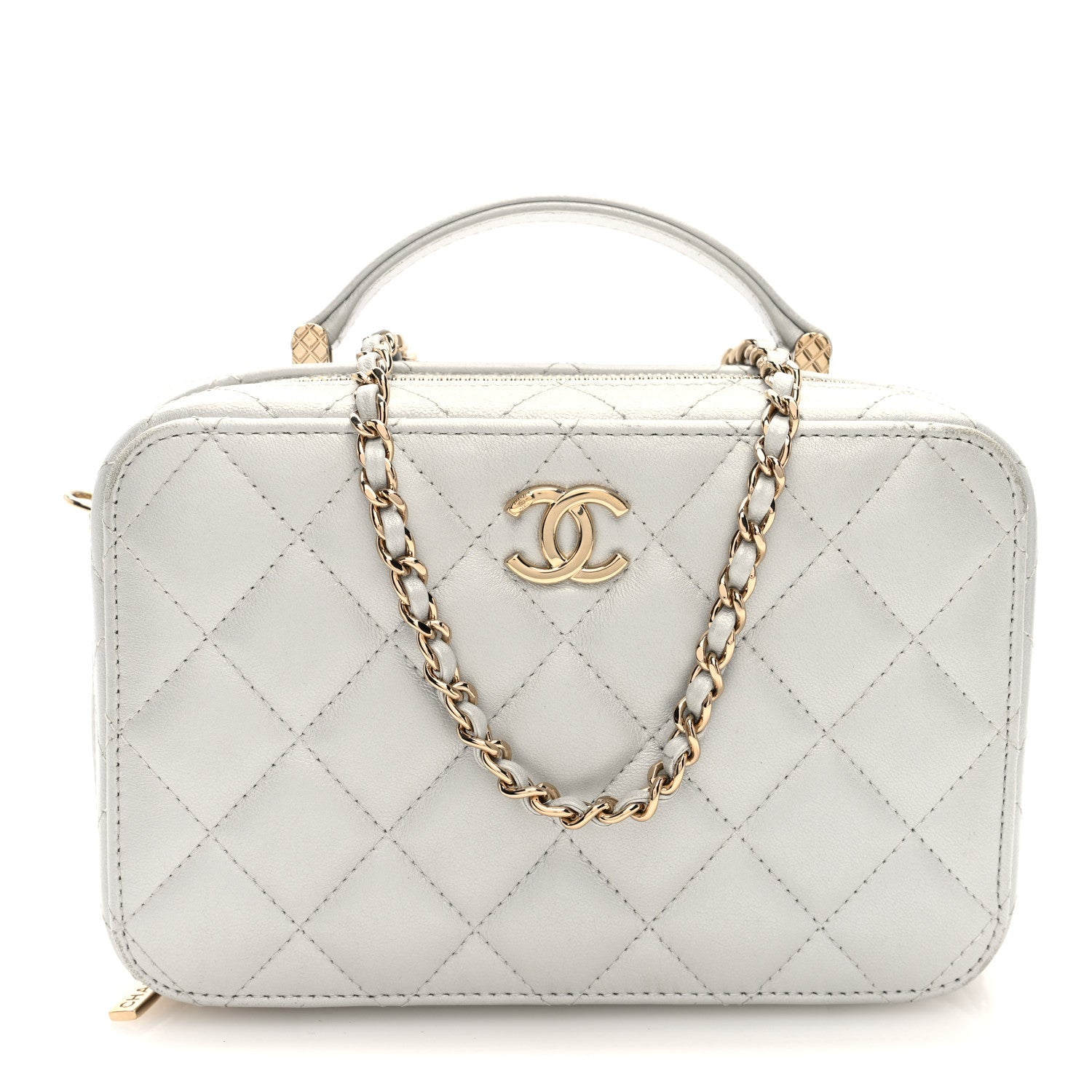 Metallic Lambskin Quilted Top Handle Vanity Case Silver