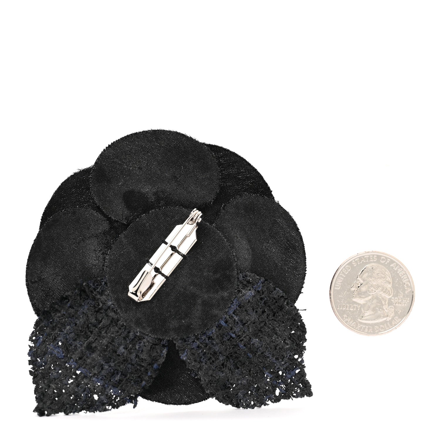 Tweed Camellia Pin Brooch Black
