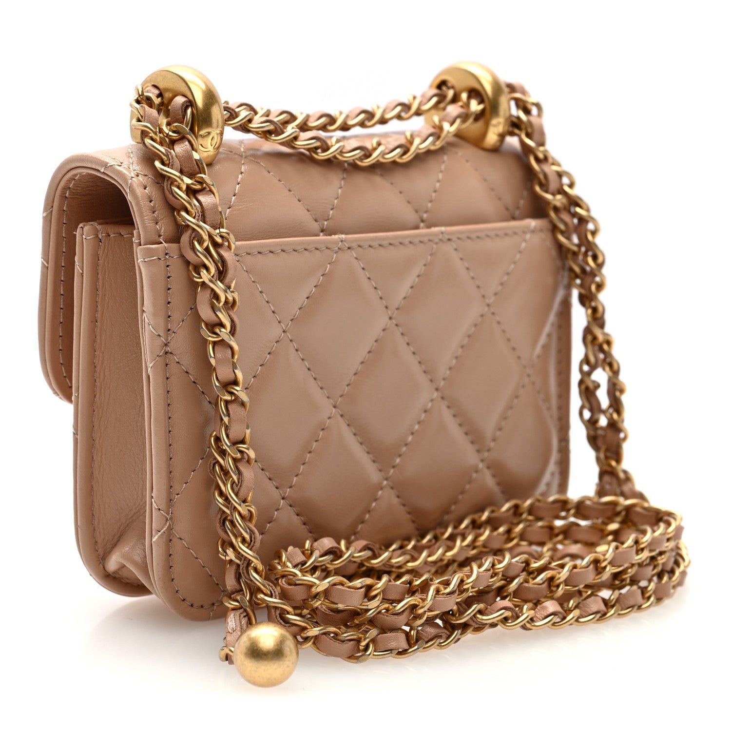 Calfskin Quilted Perfect Fit Coin Purse With Chain Beige