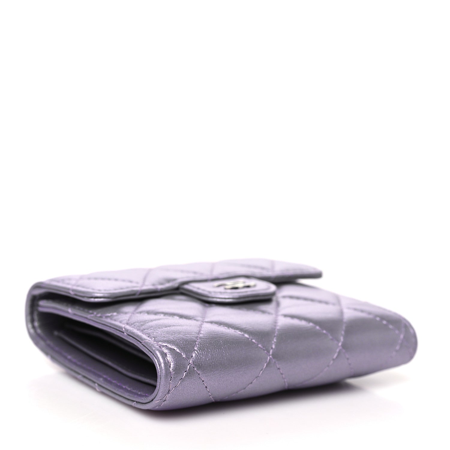 Iridescent Lambskin Quilted Compact Flap Wallet Purple