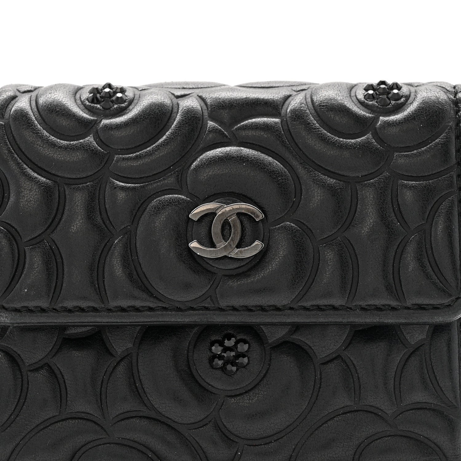 Lambskin Crystal Camellia Embossed Small Double Wallet Black