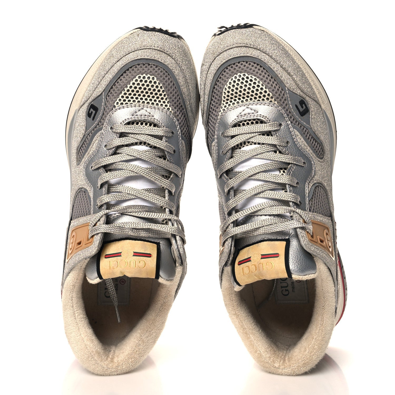 Metallic Calfskin Glitter Mesh Mens Ultrapace Sneakers 8 Silver Light Grey Mystic White
