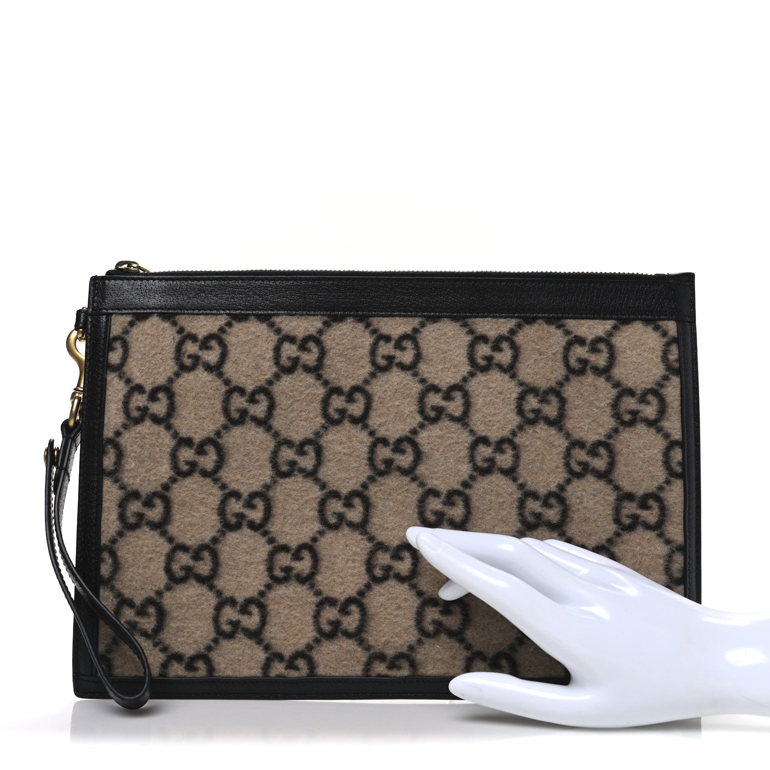 Wool GG Monogram Zip Wristlet Pouch Beige Ebony