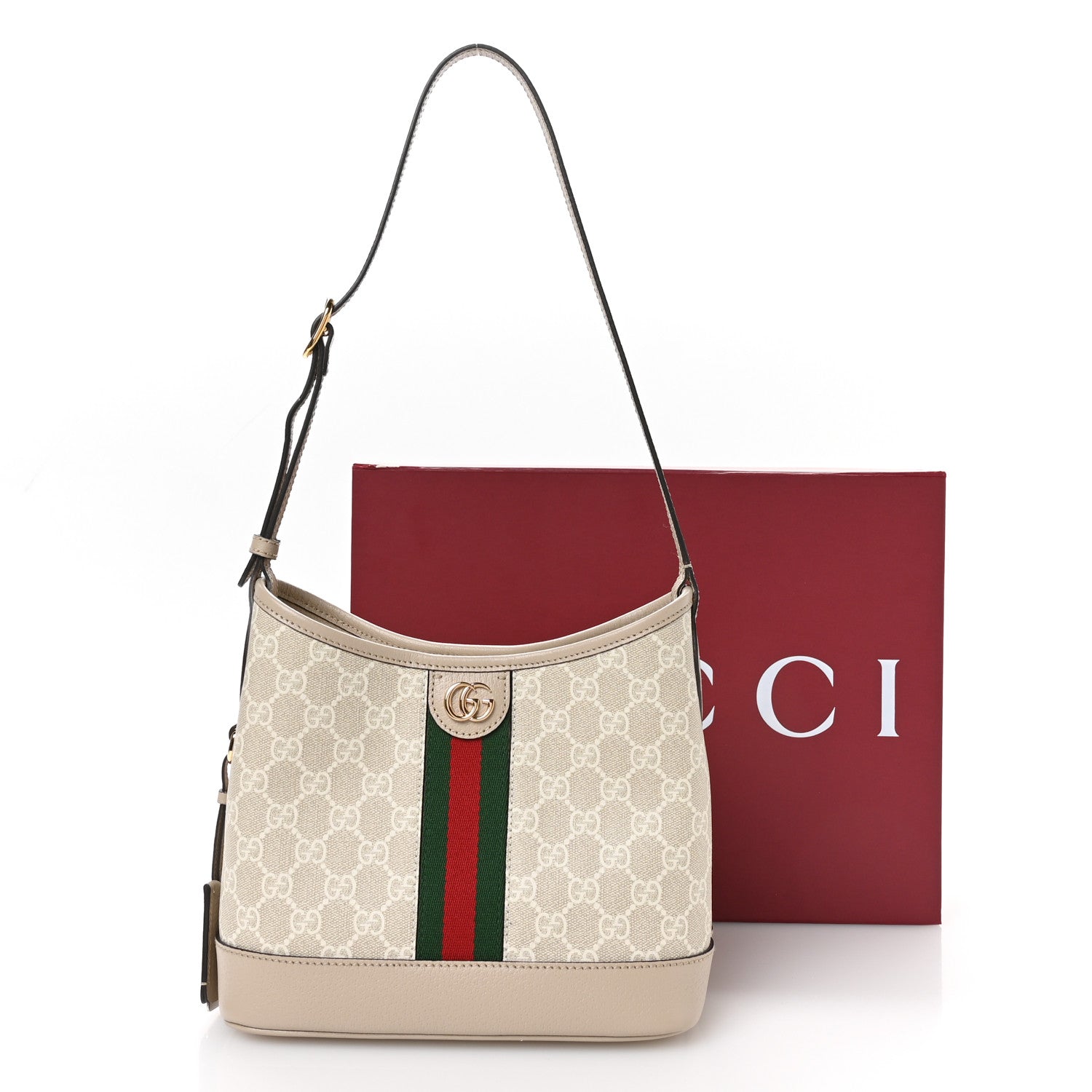 GG Supreme Monogram Textured Dollar Calfskin Web Small Ophidia Bucket Shoulder Bag Beige Mystic White Oatmeal