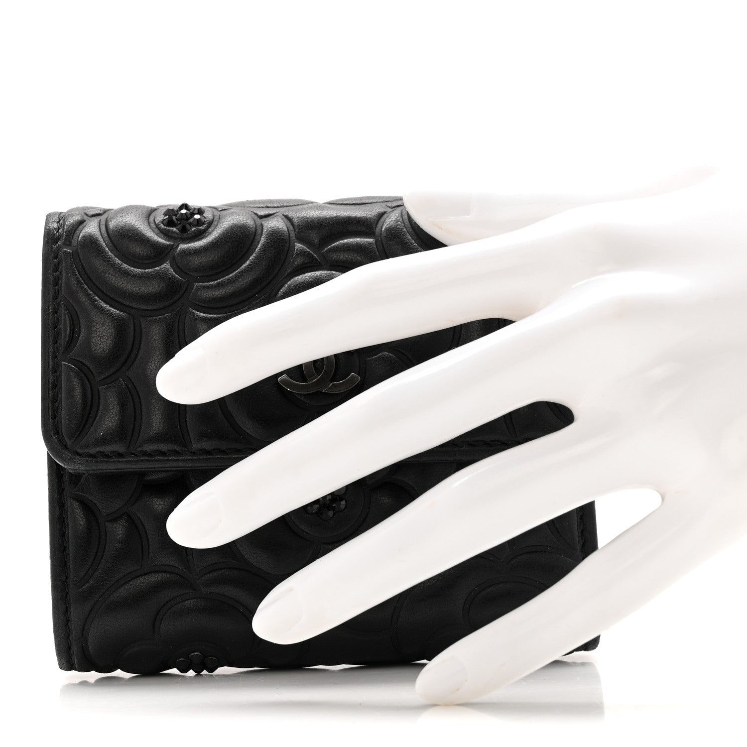 Lambskin Crystal Camellia Embossed Small Double Wallet Black
