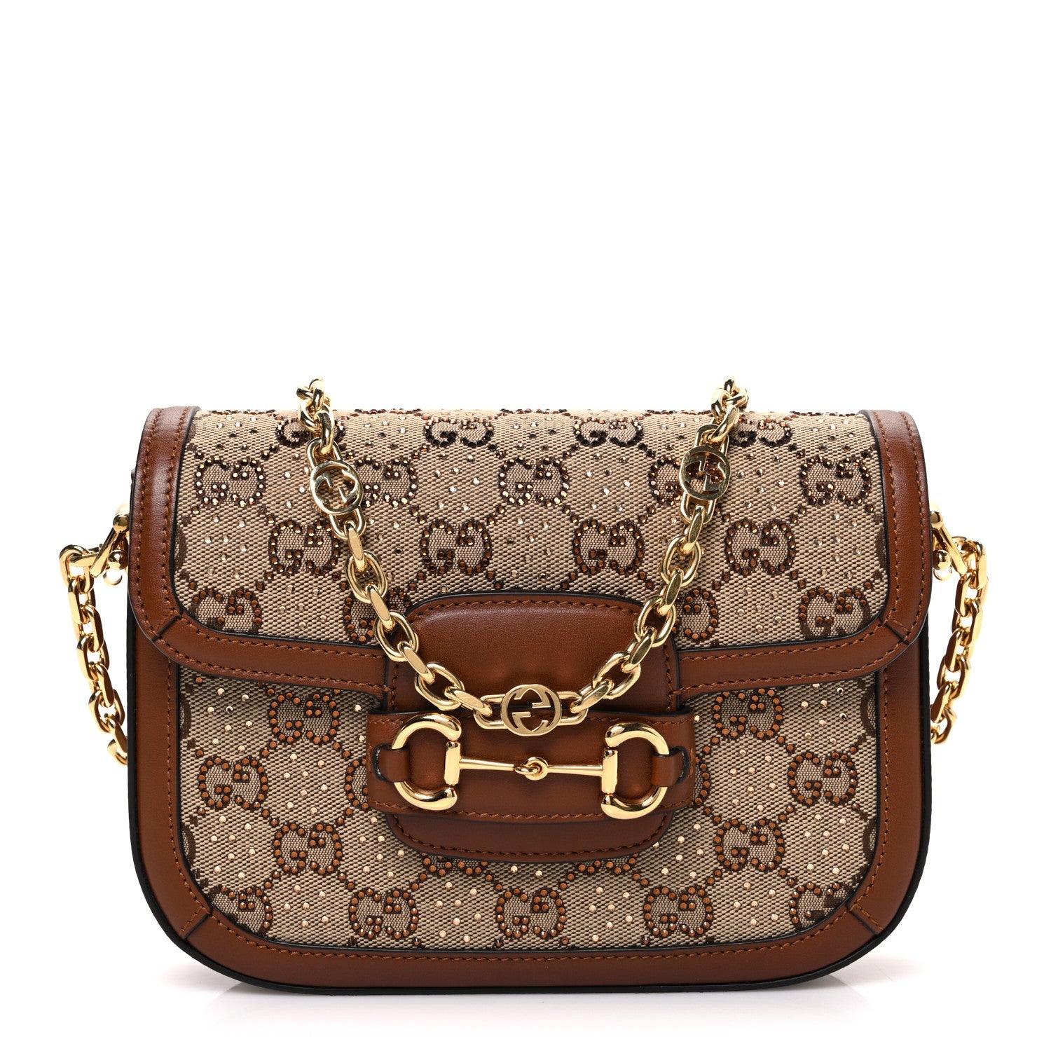 New Canvas Charisma Calfskin Crystal GG Monogram Mini Horsebit 1955 Shoulder Bag Camel Ebony