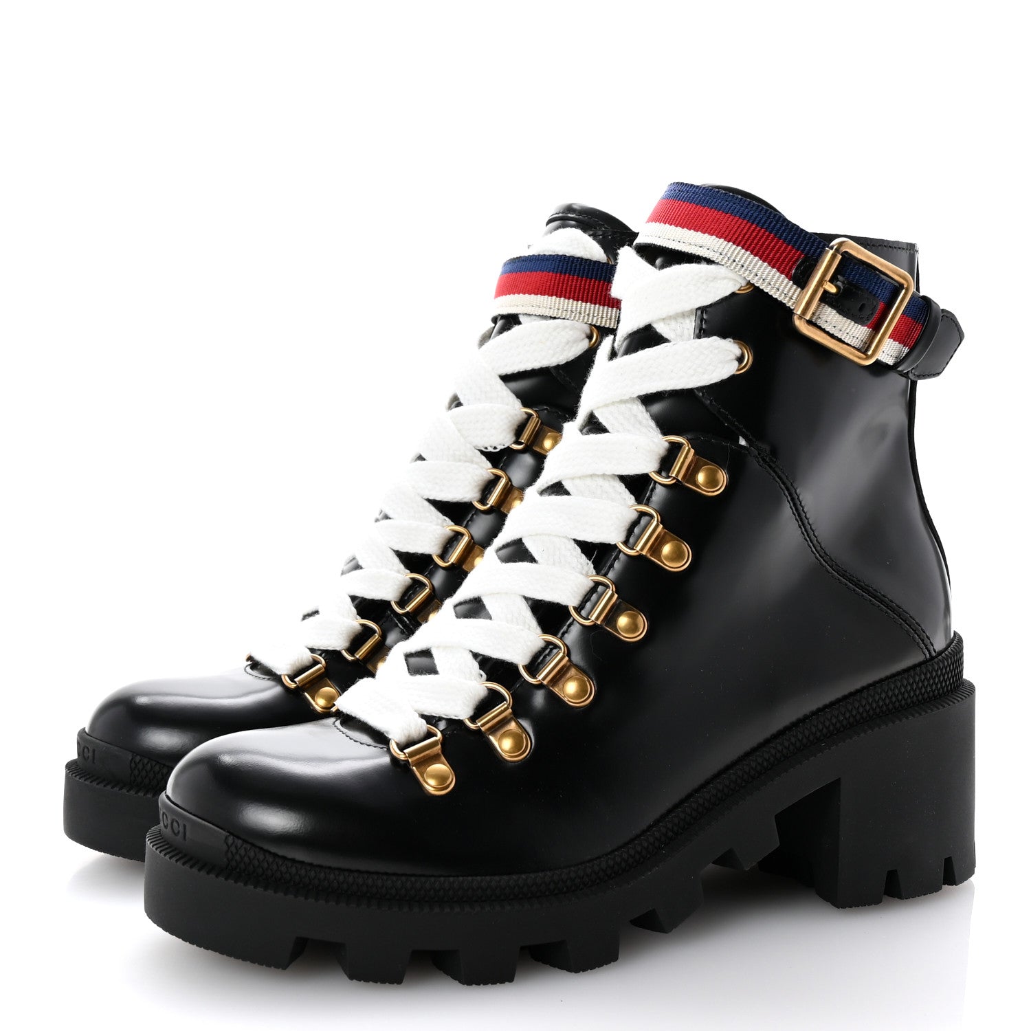 Calfskin Sylvie Web Lace Up Combat Boots 35 Black