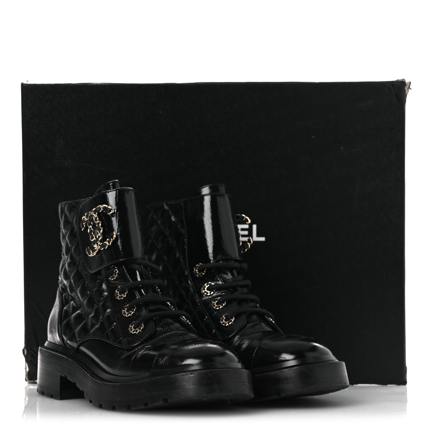Shiny Calfskin Quilted Lace Up Combat Boots 37 Black