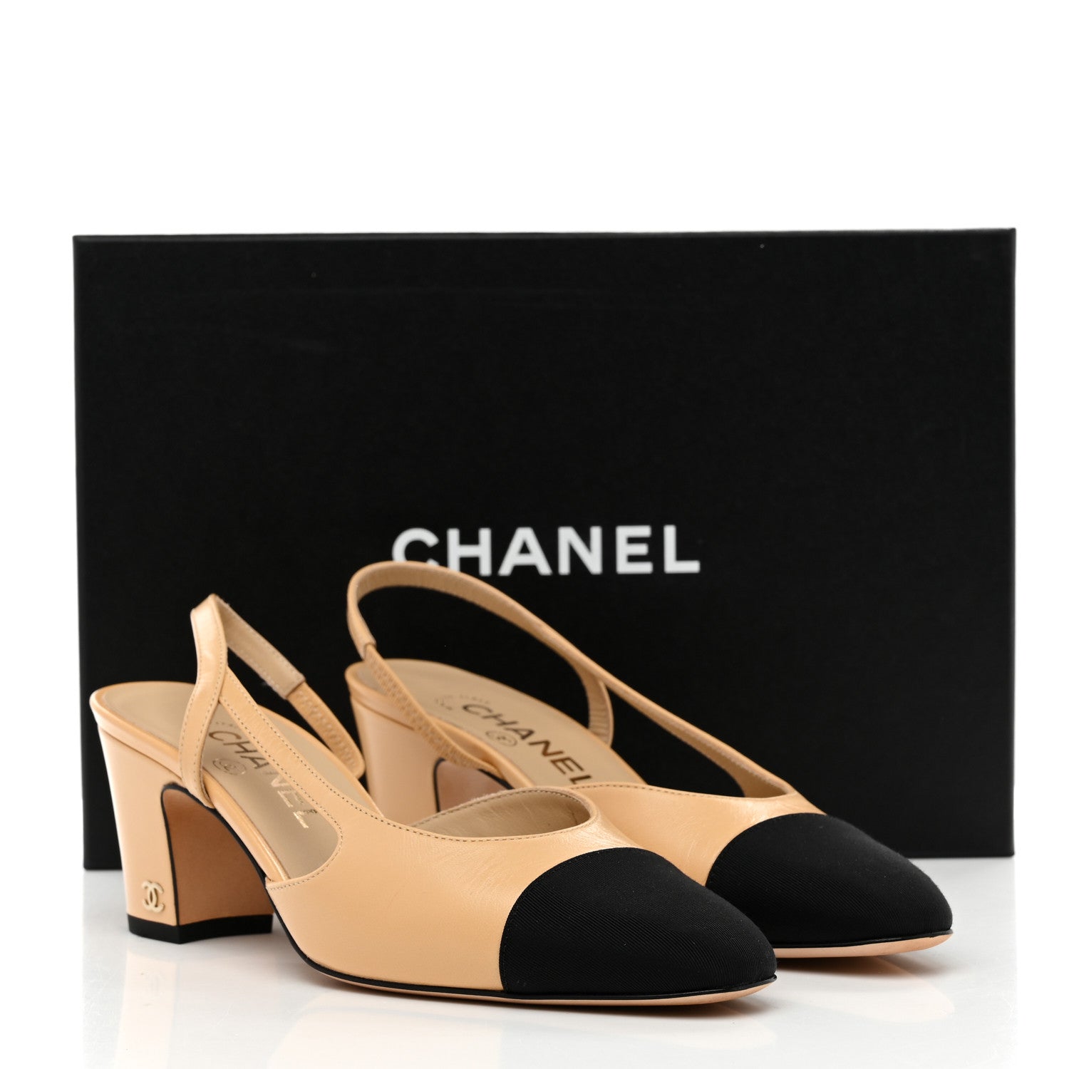 Goatskin Grosgrain Cap Toe CC Slingback Pumps 36.5 Beige Black