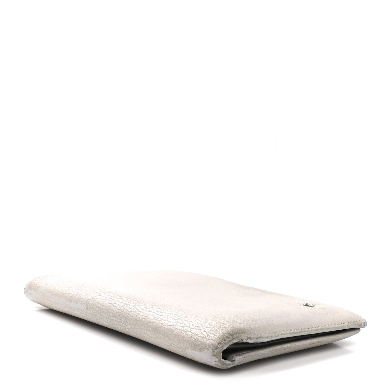 Metallic Goatskin Camellia Embossed Yen Wallet Silver