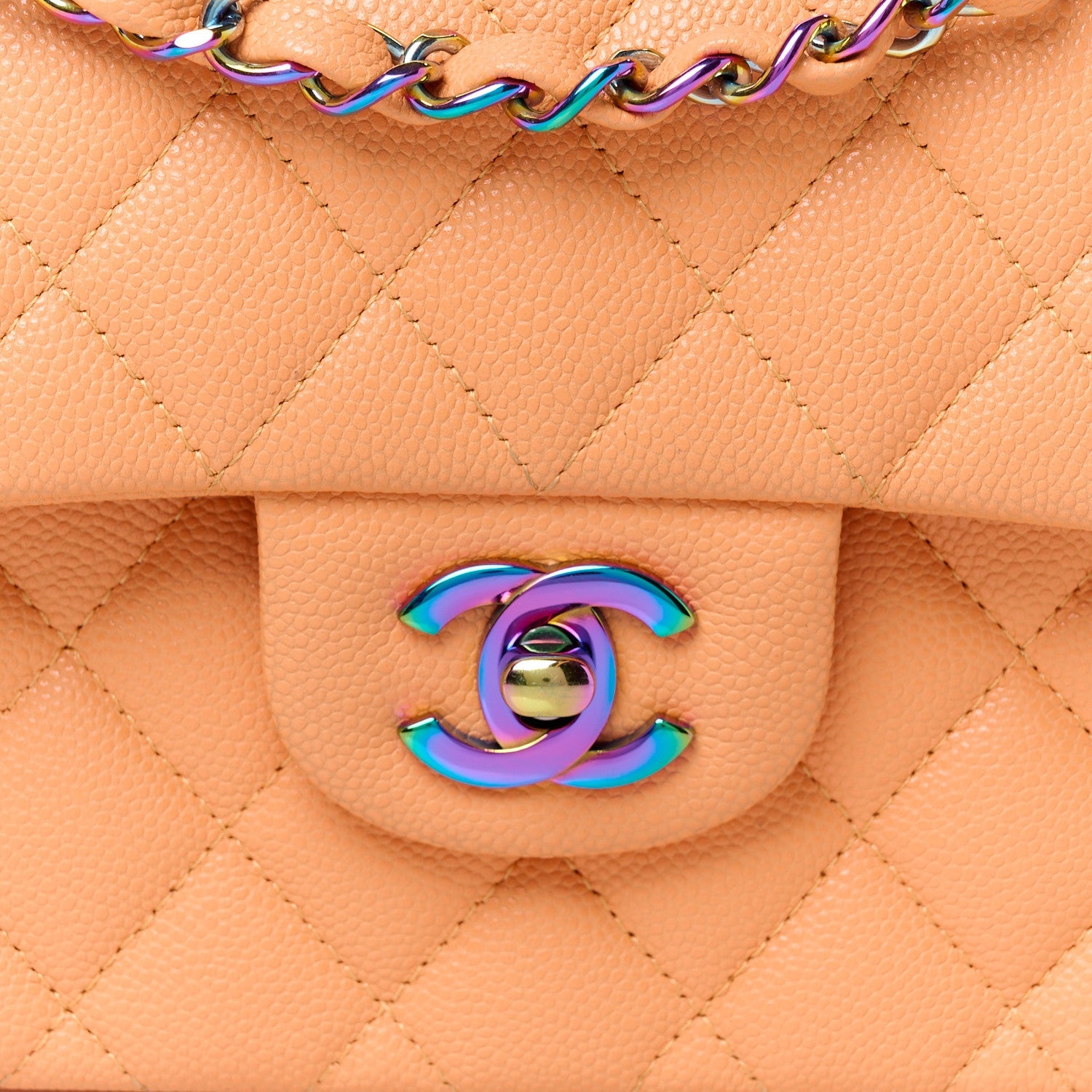 Caviar Quilted Rainbow CC Small Double Flap Orange